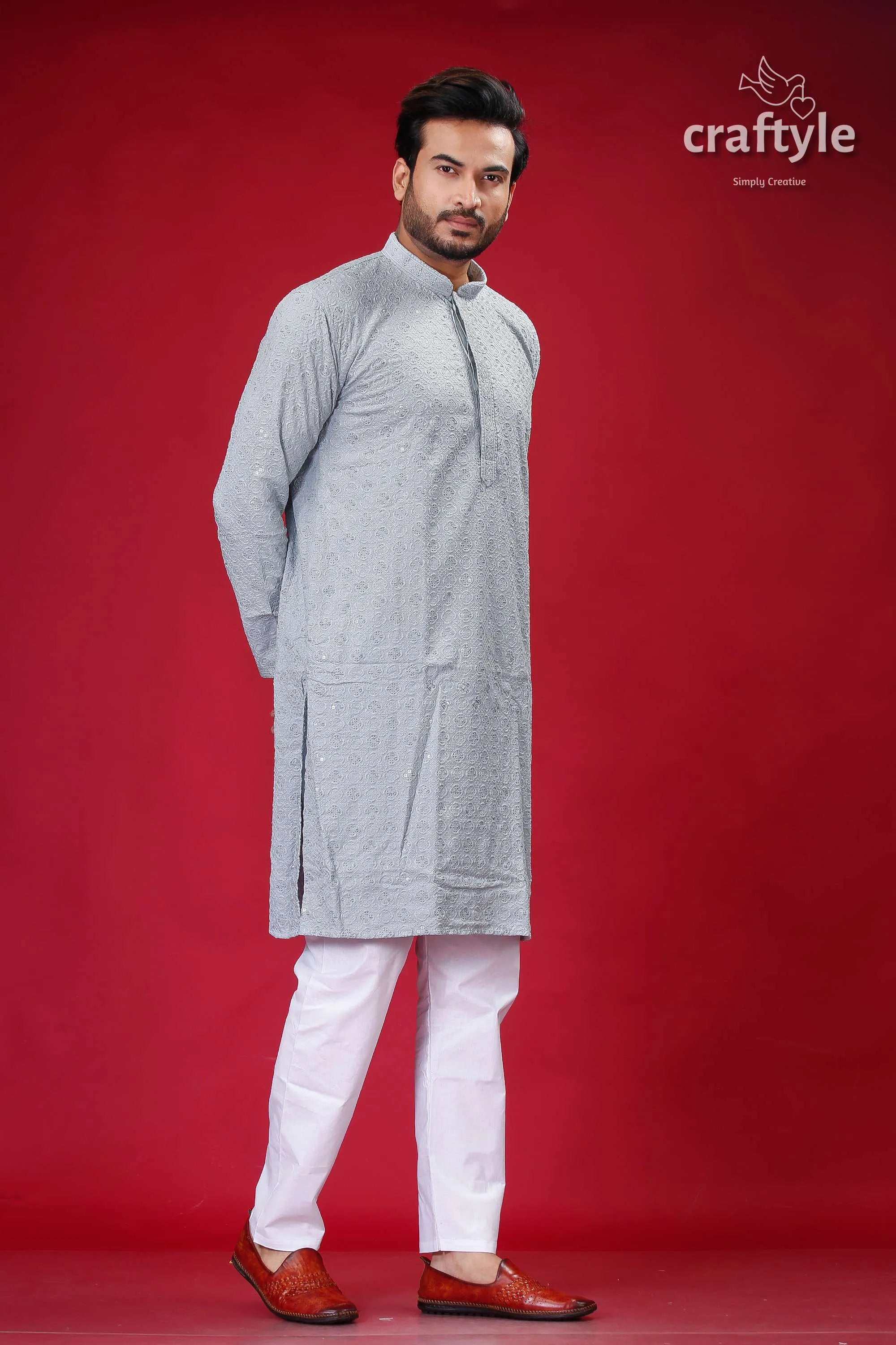 Columbia blue chikankari kurta for men with sequin embellishments man light gray white 4