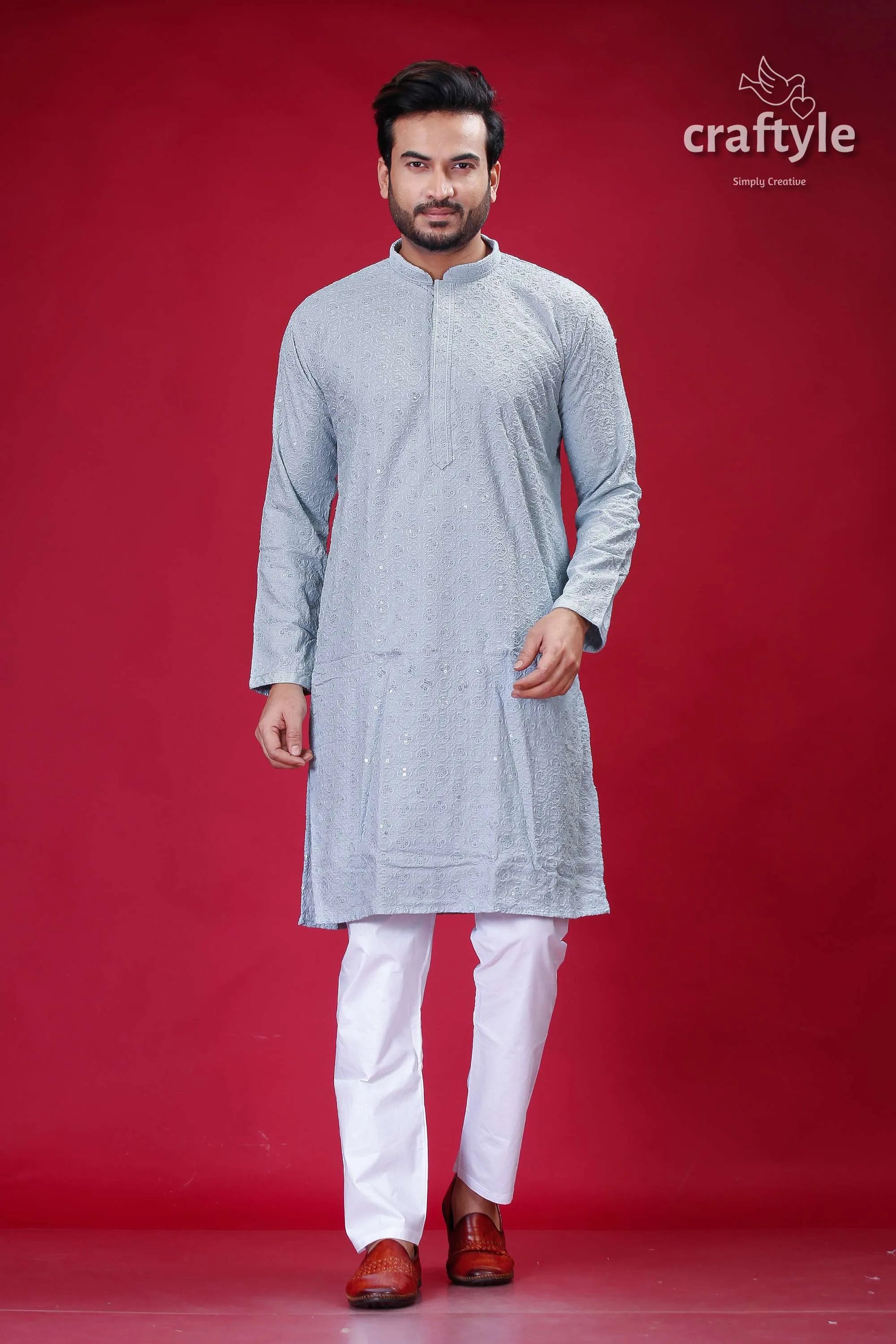 Columbia blue chikankari kurta for men with sequin embellishments man light white 1