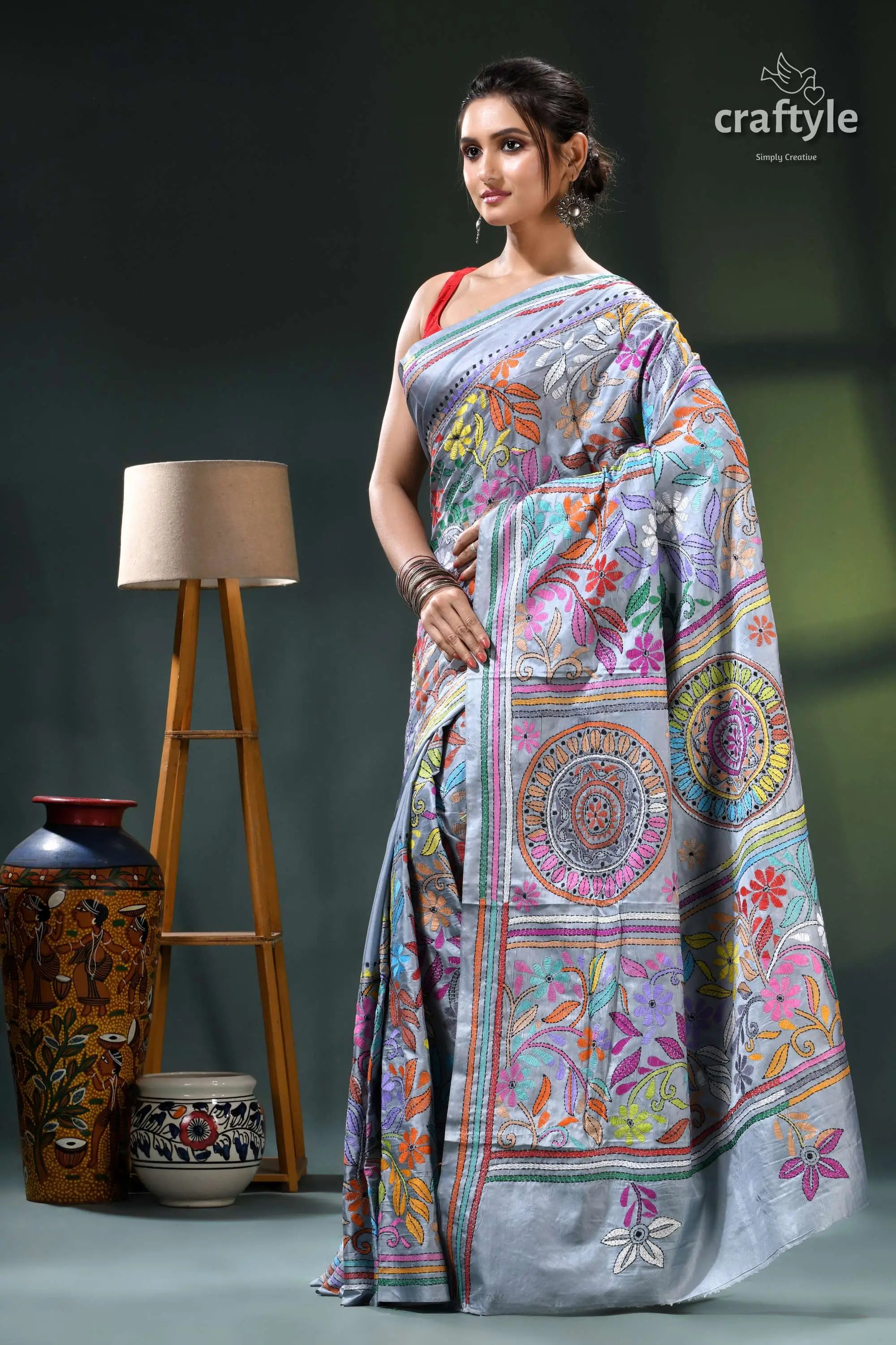 Columbia blue multithread intricate kantha stitch silk sari silver saree colorful floral geometric 3