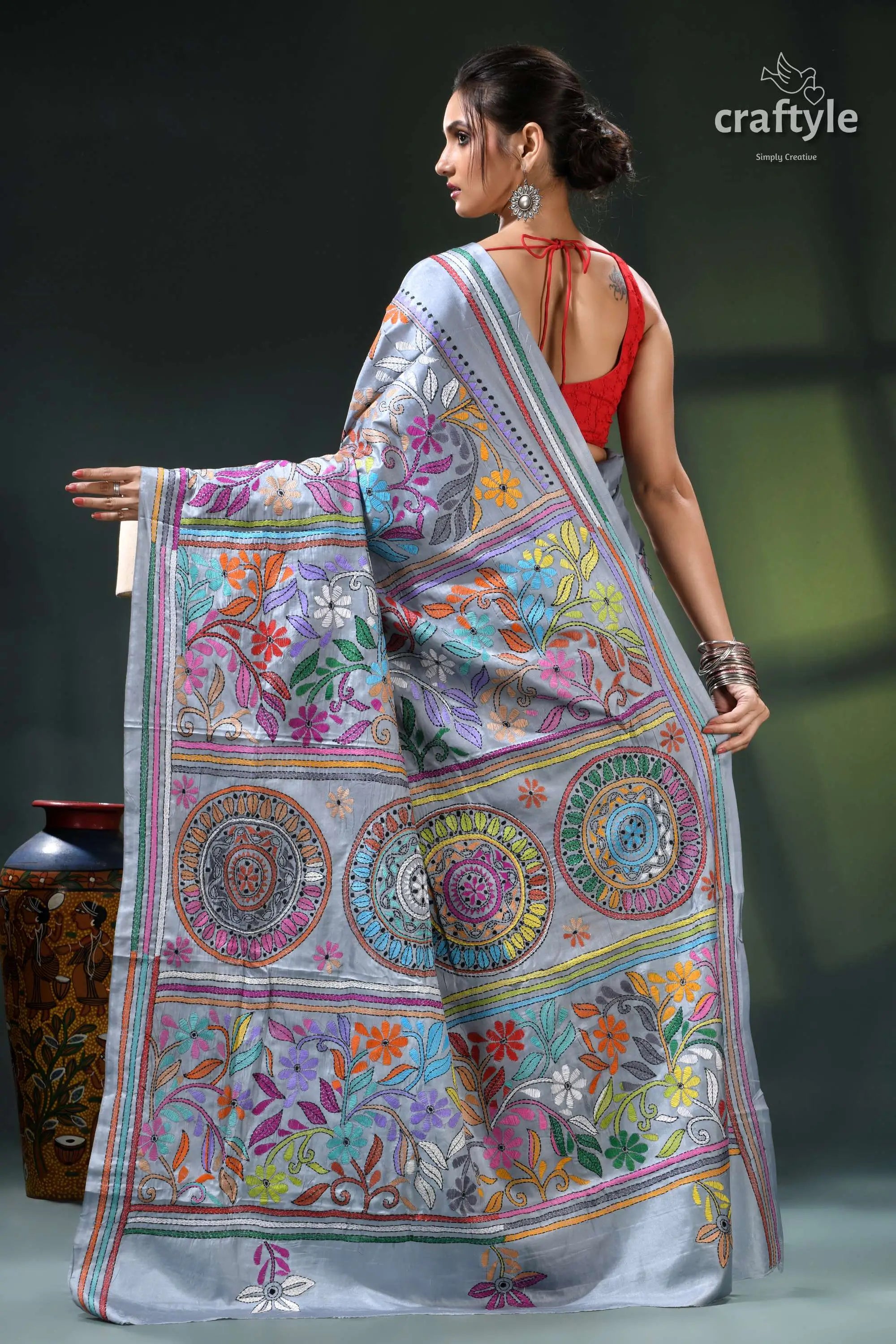 Columbia blue multithread intricate kantha stitch silk sari floral print saree intricate designs 5