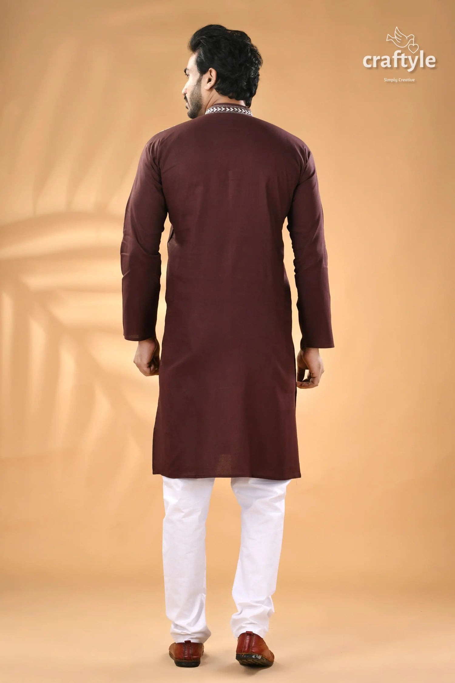 Congo brown kantha stitch cotton men’s kurta men’s maroon kurta white pajama 6