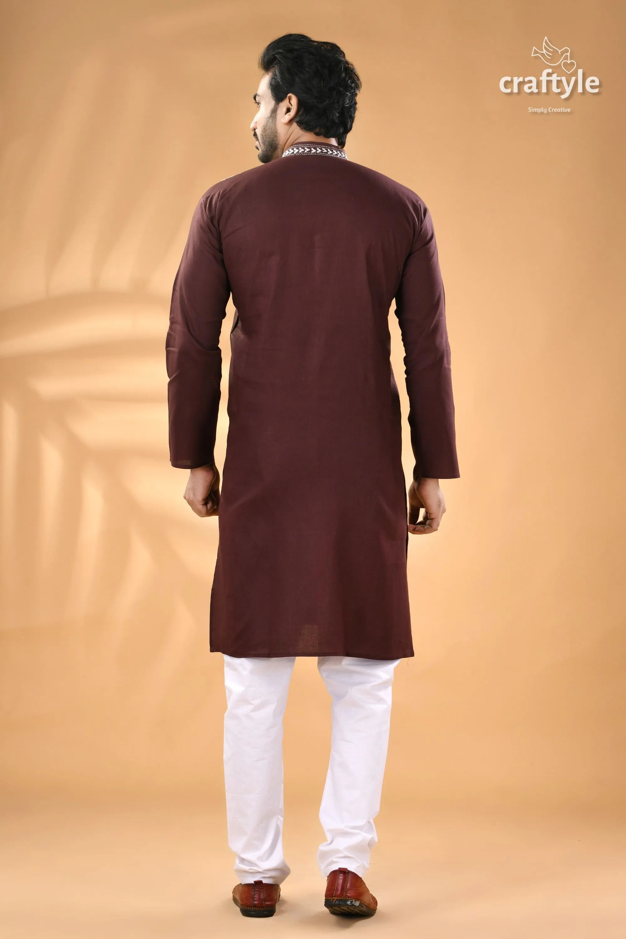 Congo brown kantha stitch cotton men’s kurta maroon white pajama 6