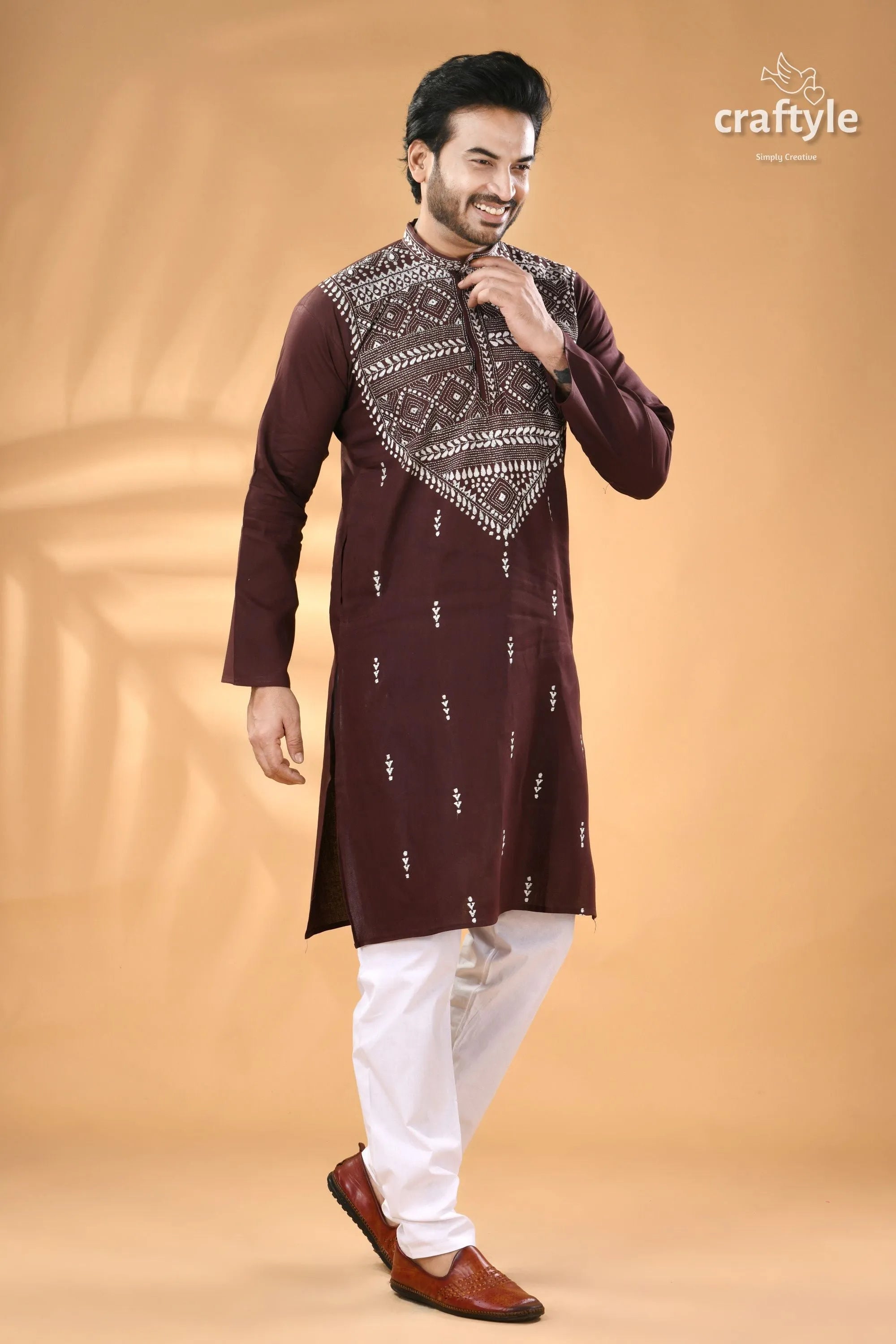 Congo brown kantha stitch cotton men’s kurta maroon long white 4