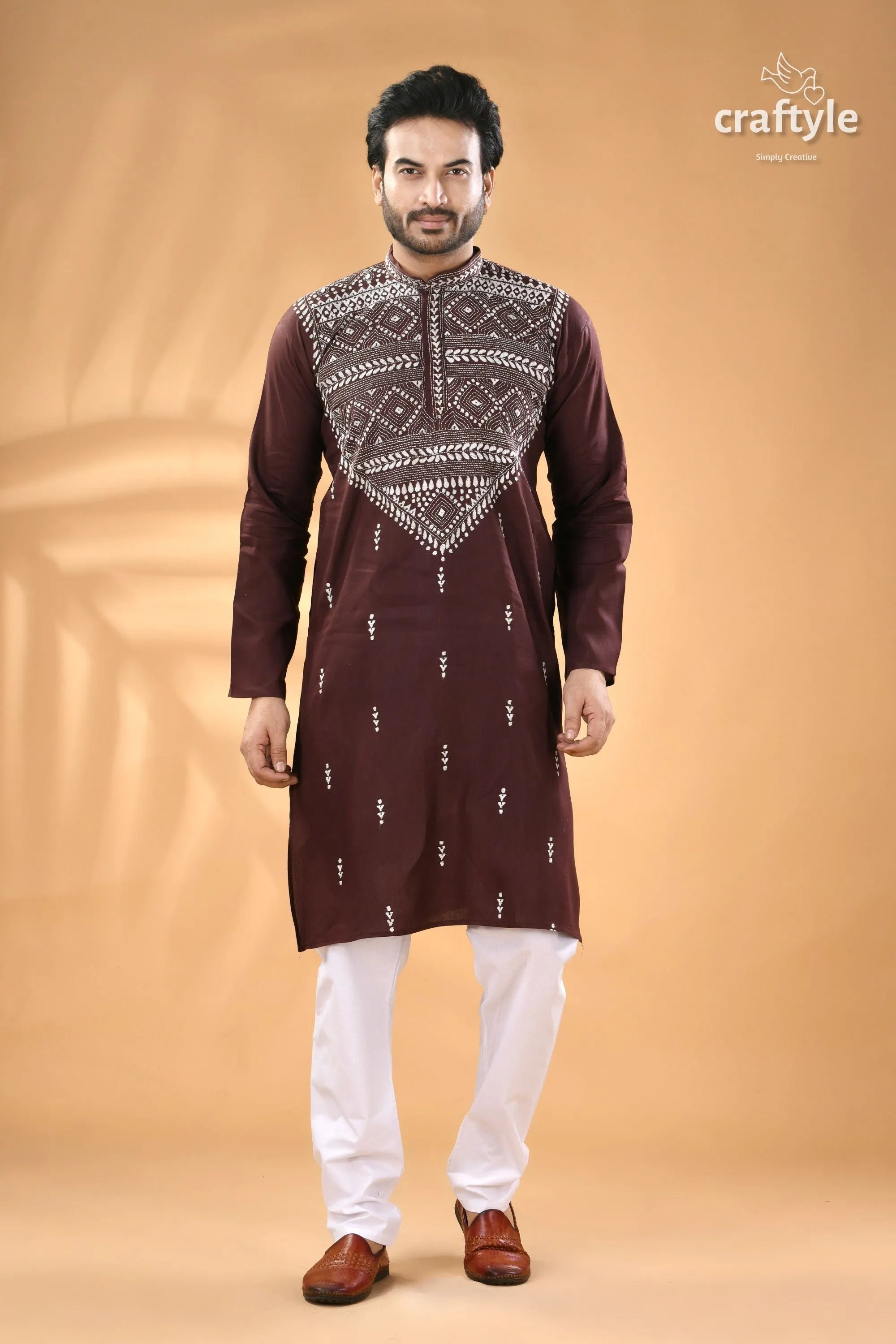 Congo brown kantha stitch cotton men’s kurta maroon embroidered 1