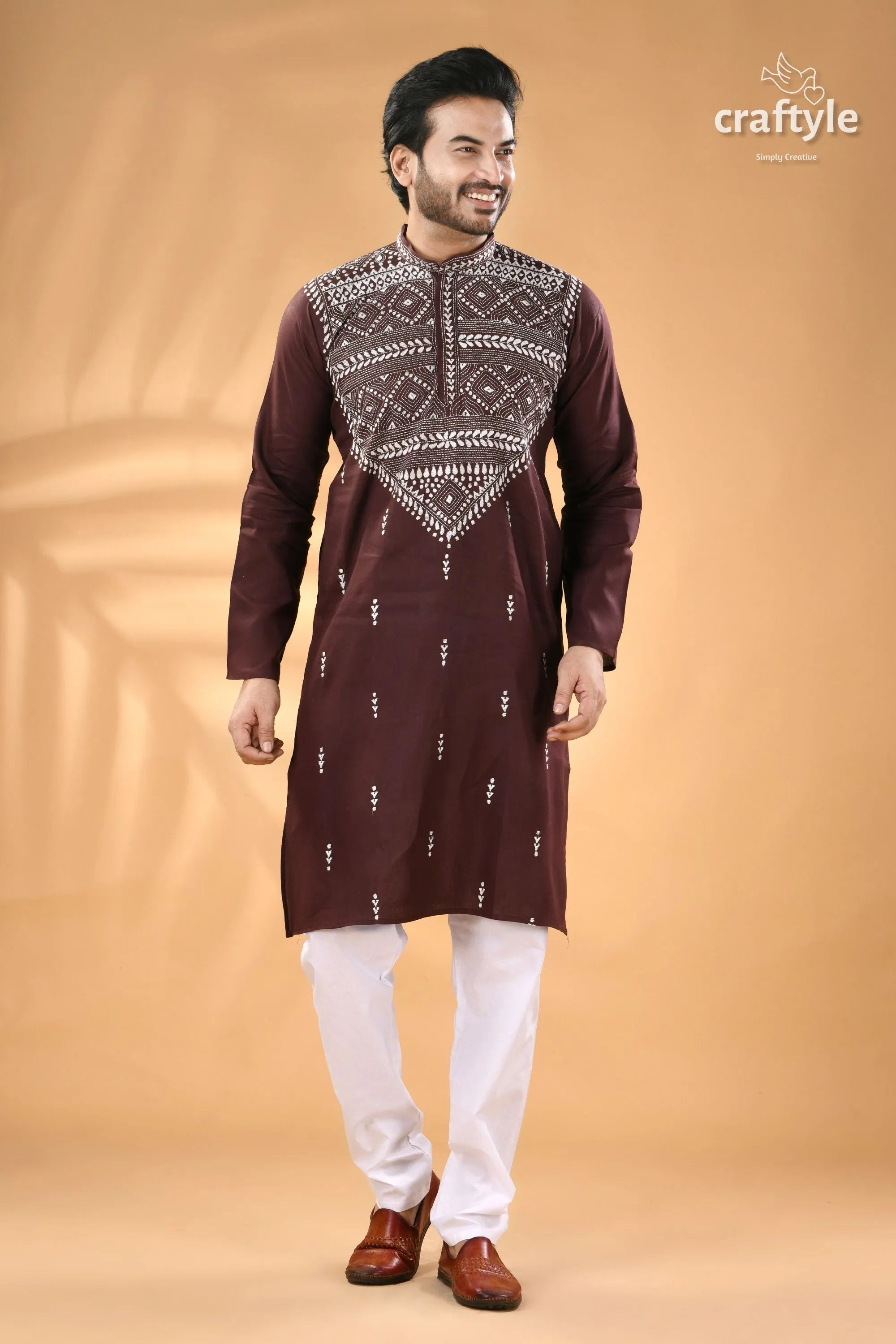Congo brown kantha stitch cotton men’s kurta maroon long-sleeved white 3