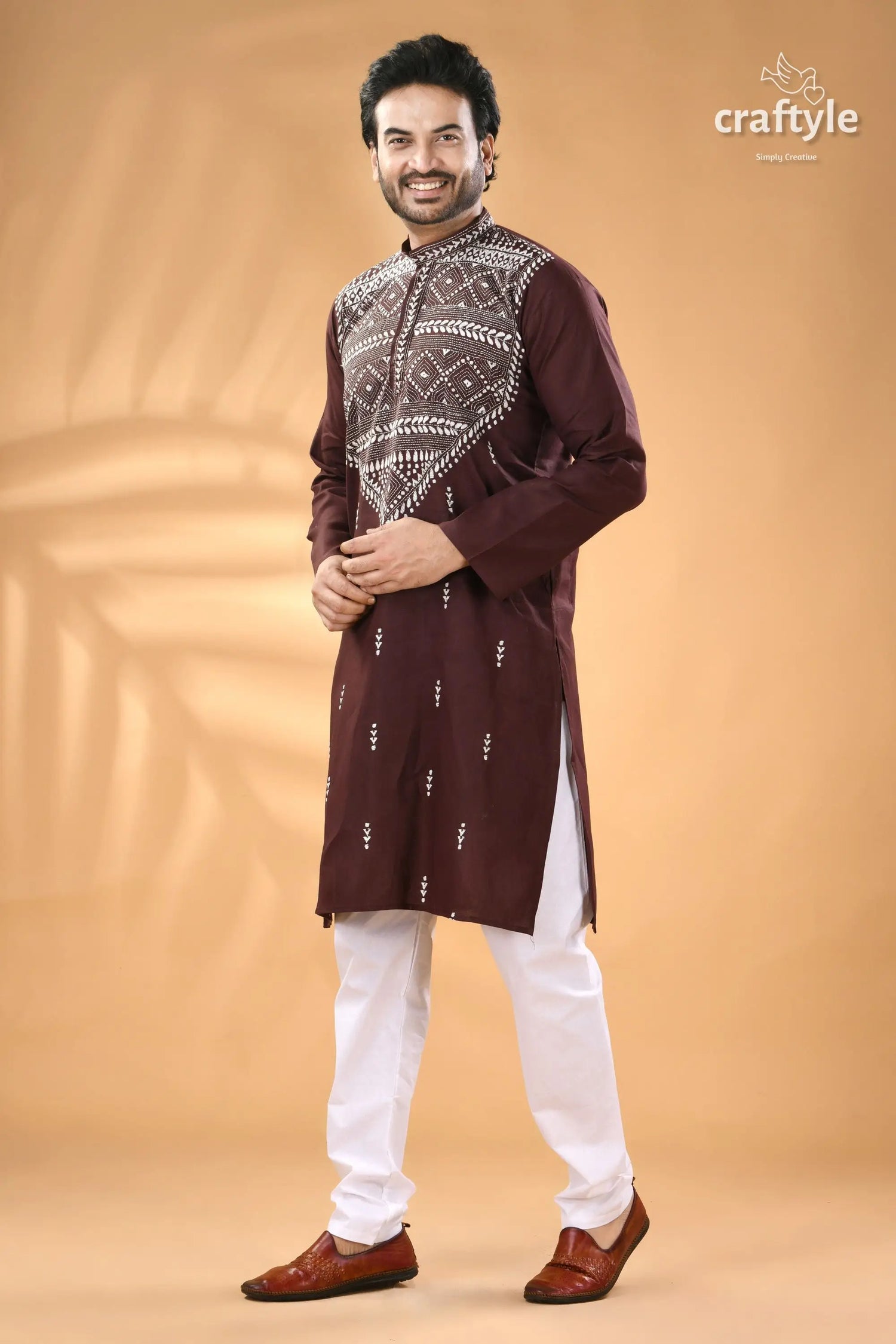 Congo brown kantha stitch cotton men’s kurta men’s maroon embroidered kurta white 5