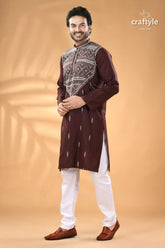 Congo brown kantha stitch cotton men’s kurta men’s maroon embroidered kurta white 5