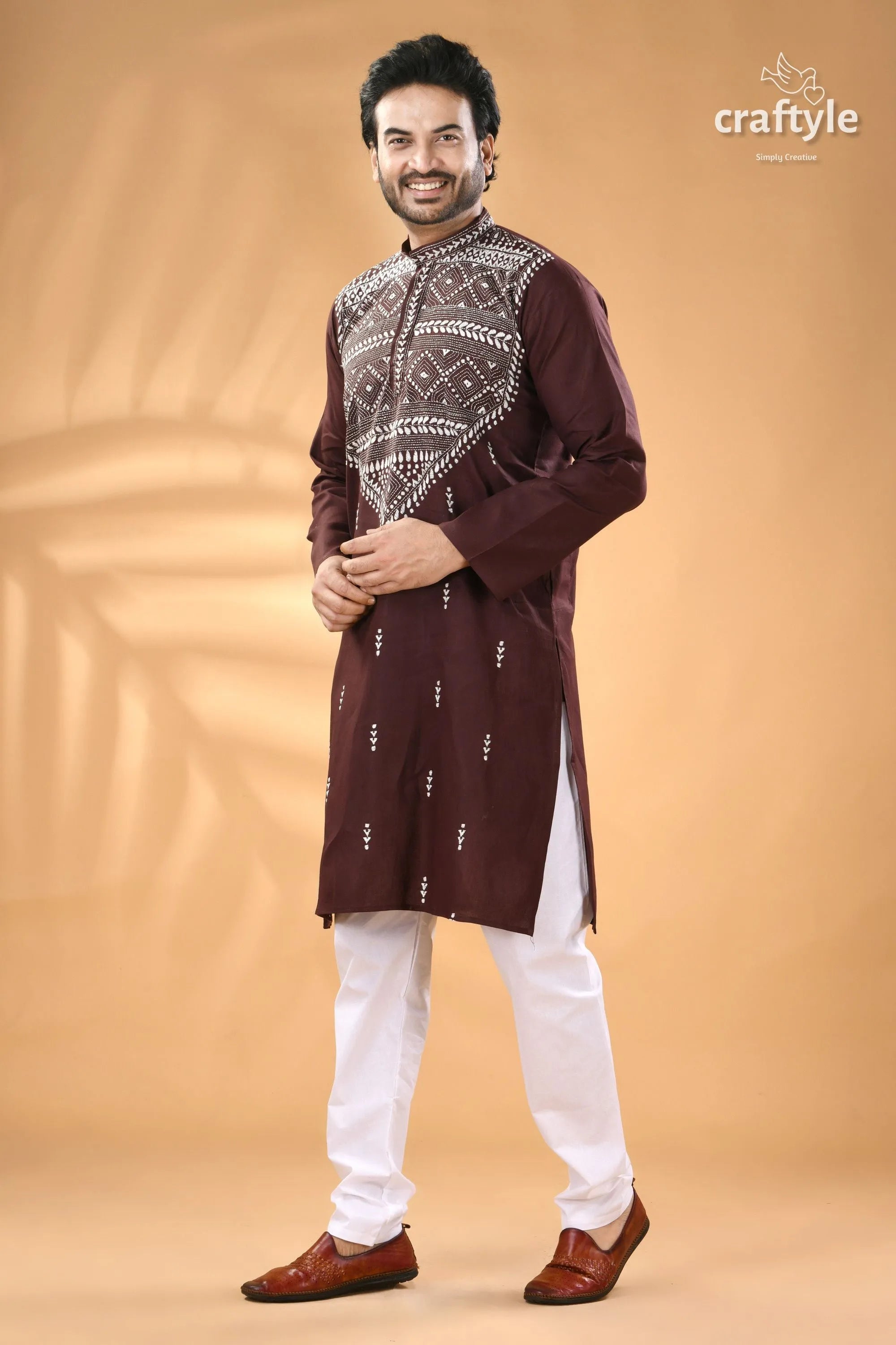 Congo brown kantha stitch cotton men’s kurta maroon embroidered white 5
