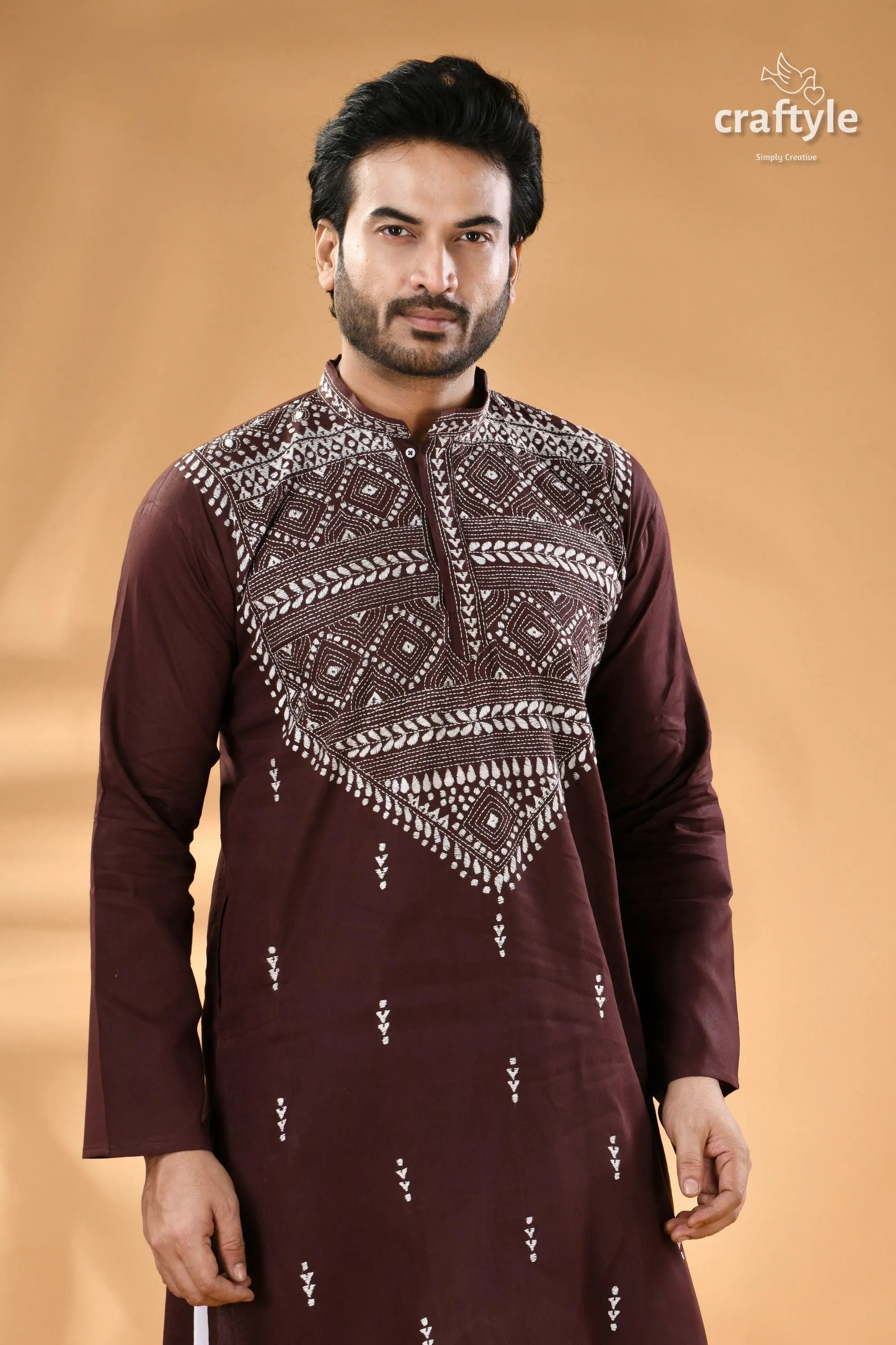 Congo brown kantha stitch cotton men’s kurta intricate white 2