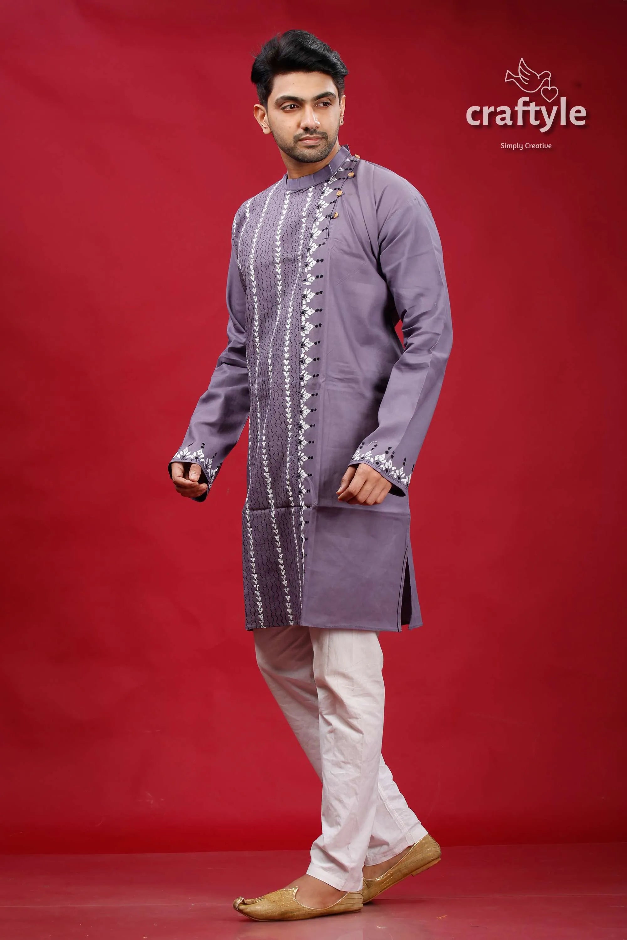 Cool grey hand kantha stitch cotton kurta for men gray embroidered kurta white pants 4