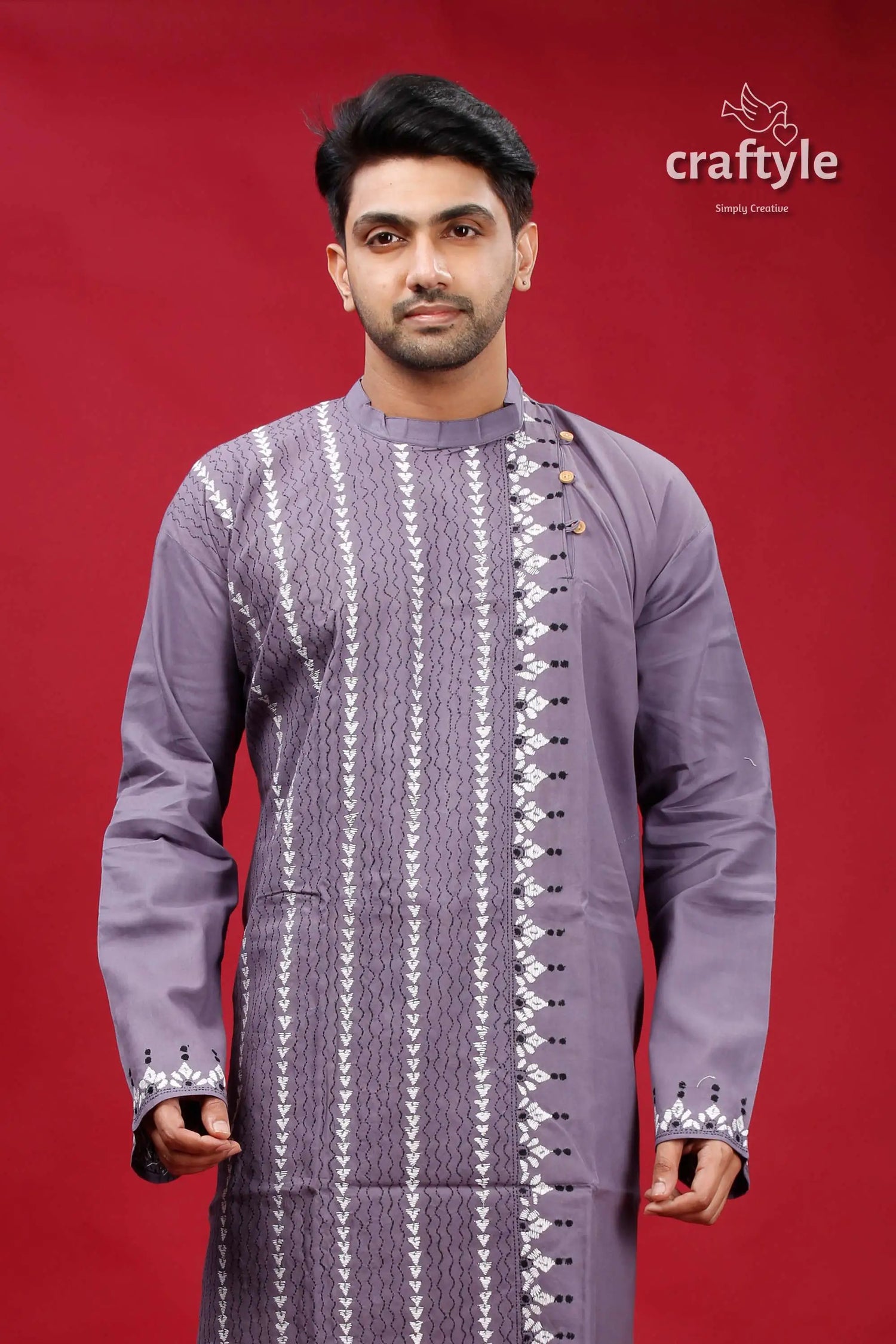 Cool grey hand kantha stitch cotton kurta for men man’s embroidered kurta 2