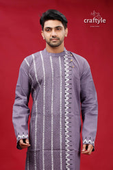 Cool grey hand kantha stitch cotton kurta for men man’s embroidered kurta 2