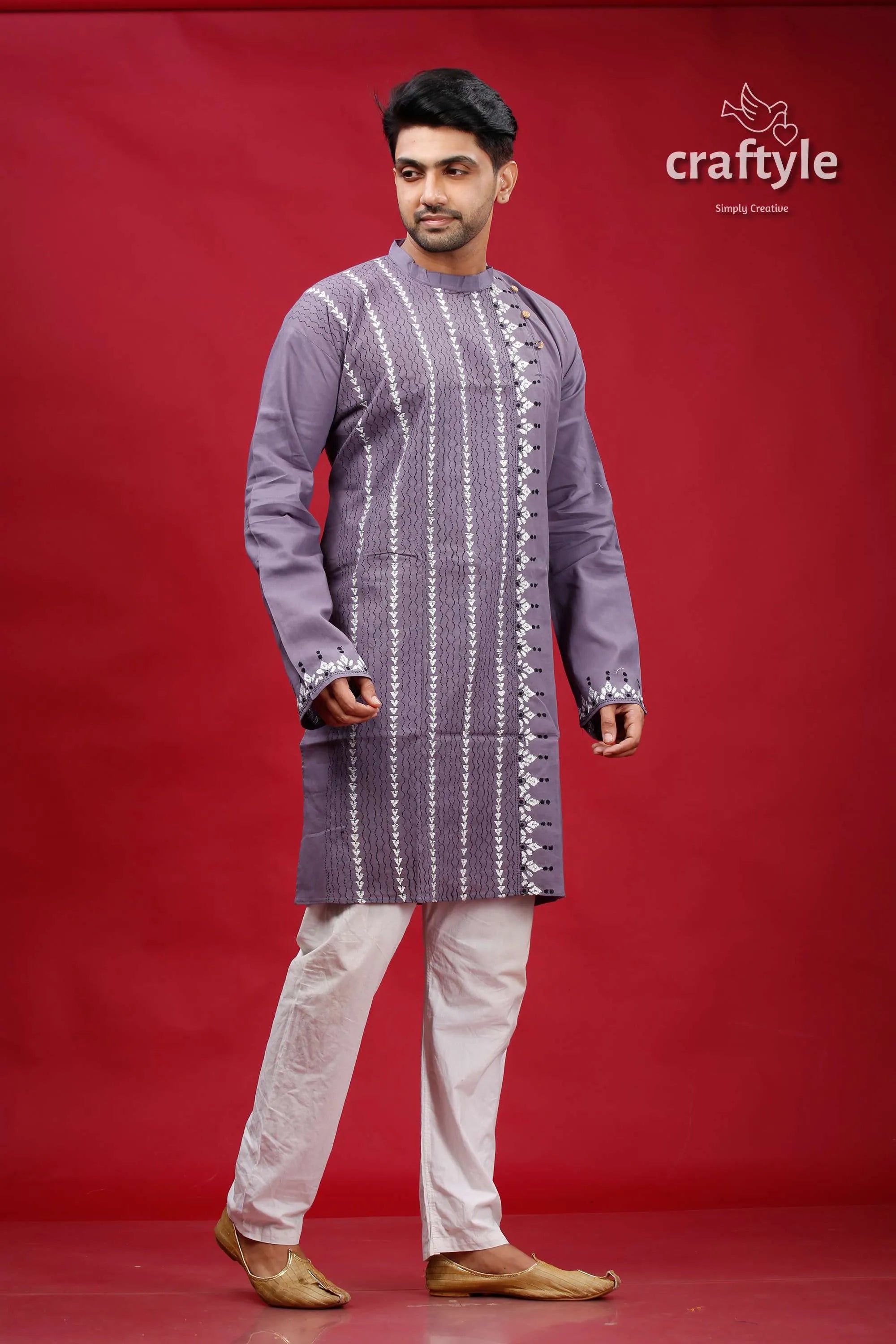 Cool grey hand kantha stitch cotton kurta for men man embroidered kurta pants 3