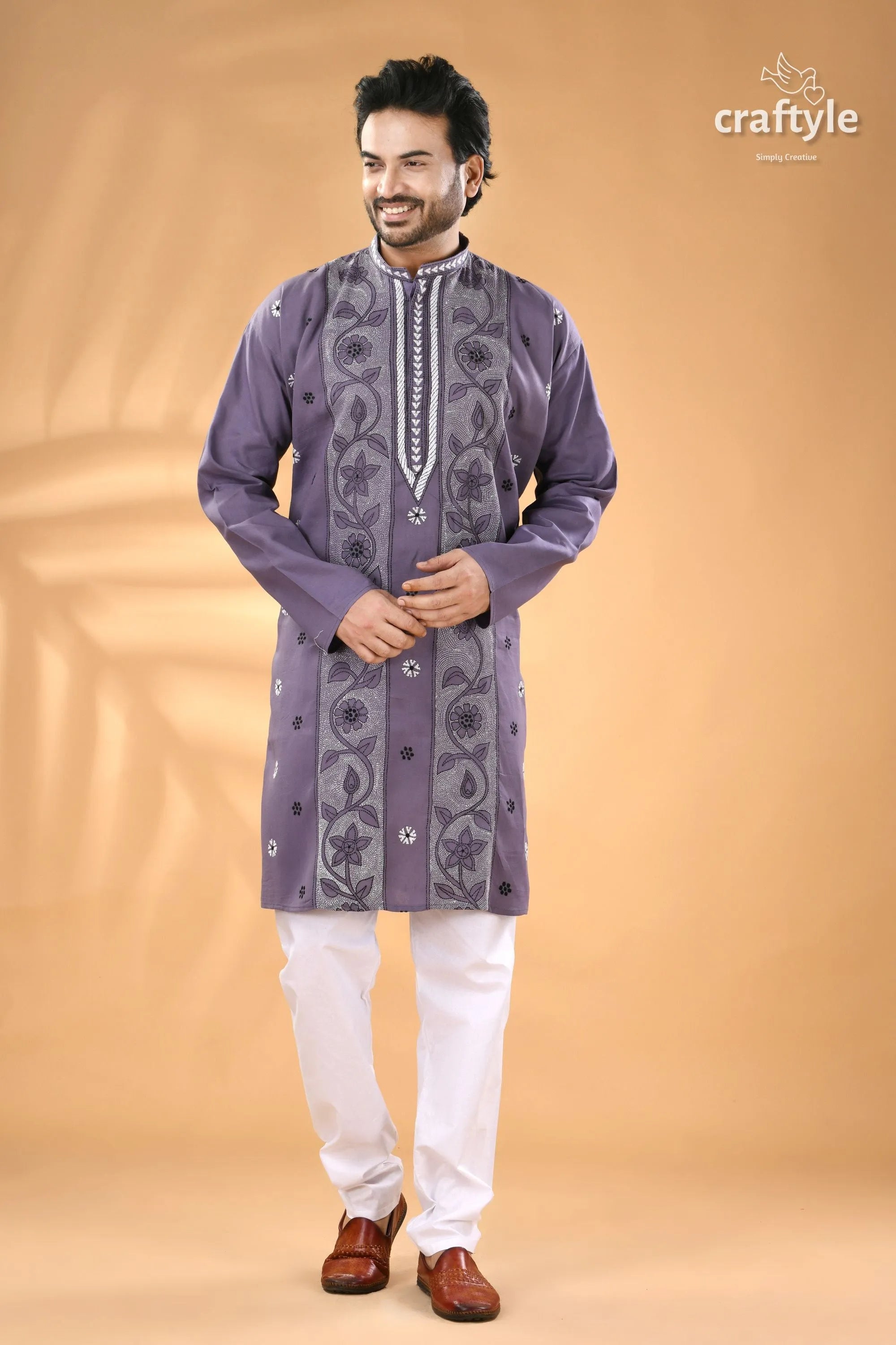 Cool grey kantha embroidery cotton kurta panjabi for men men’s purple embroidered white 3