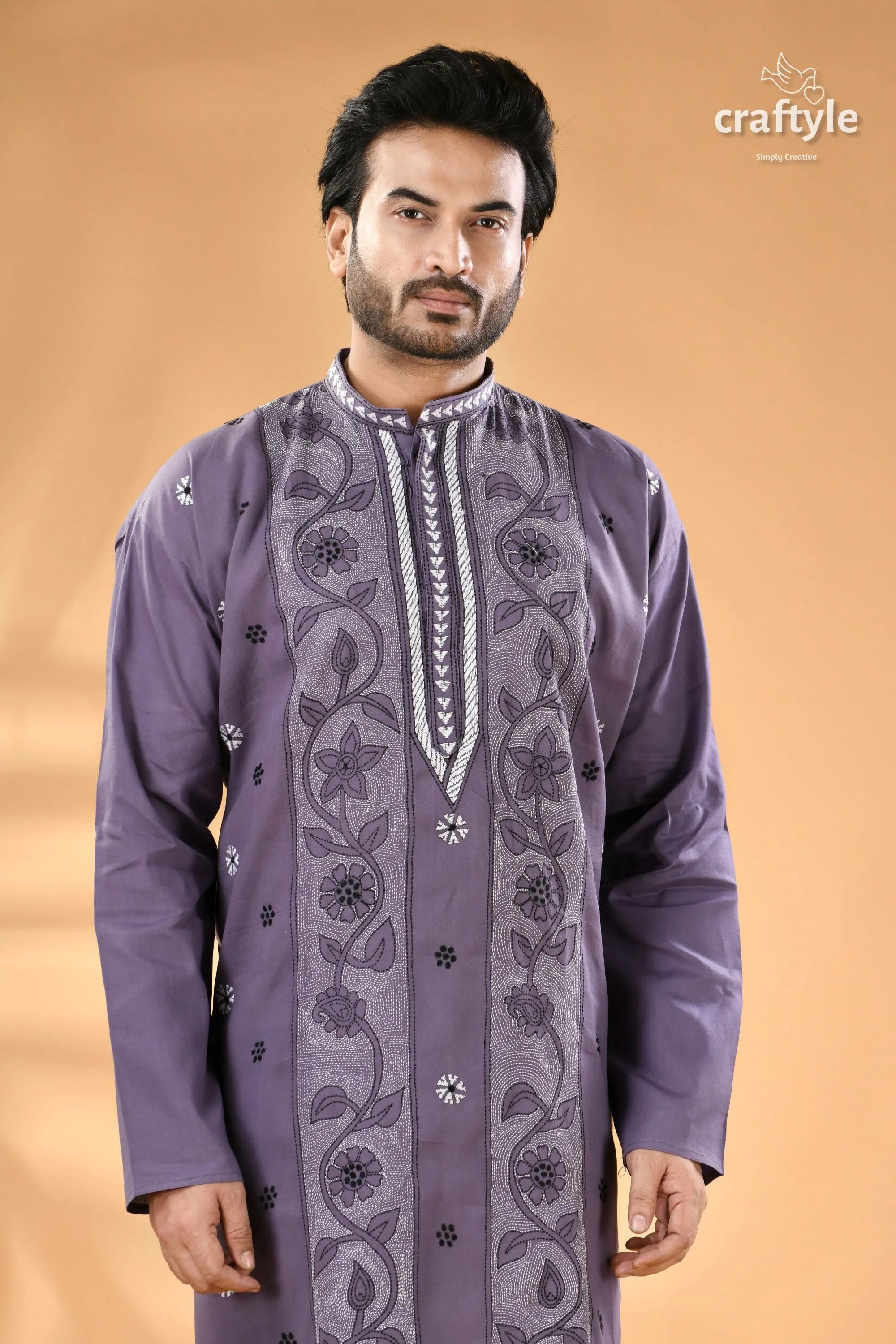 Cool grey kantha embroidery cotton kurta panjabi for men men’s embroidered purple 2
