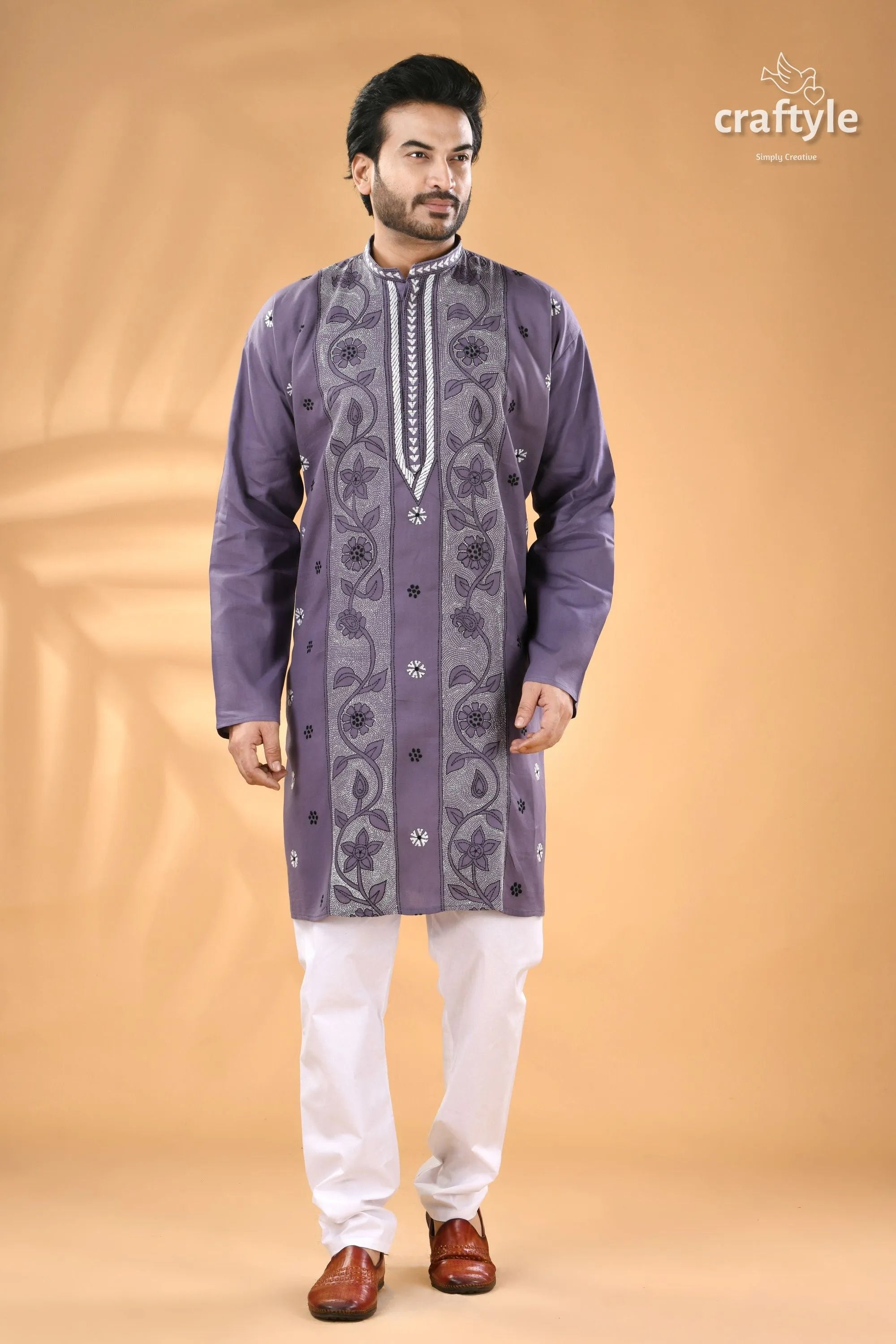 Cool grey kantha embroidery cotton kurta panjabi for men men’s purple embroidered 1