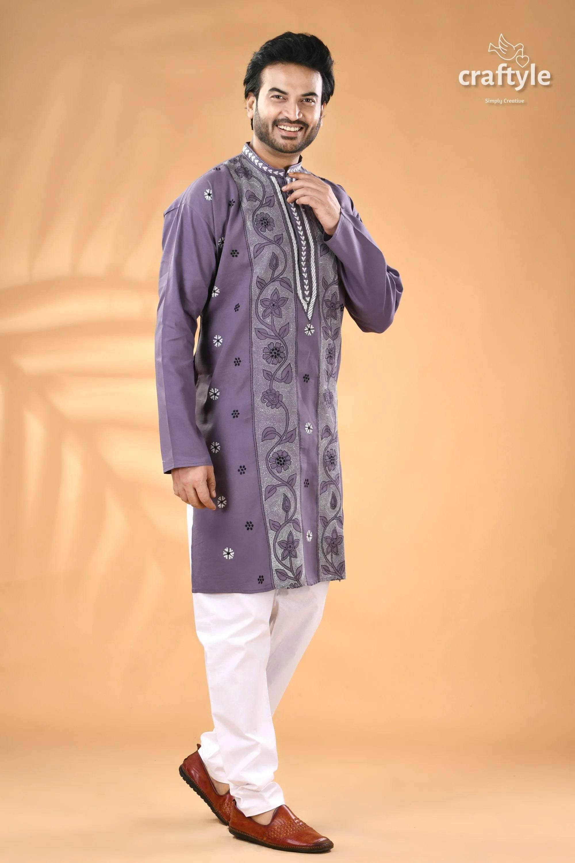 Cool grey kantha embroidery cotton kurta panjabi for men men’s purple embroidered white 4