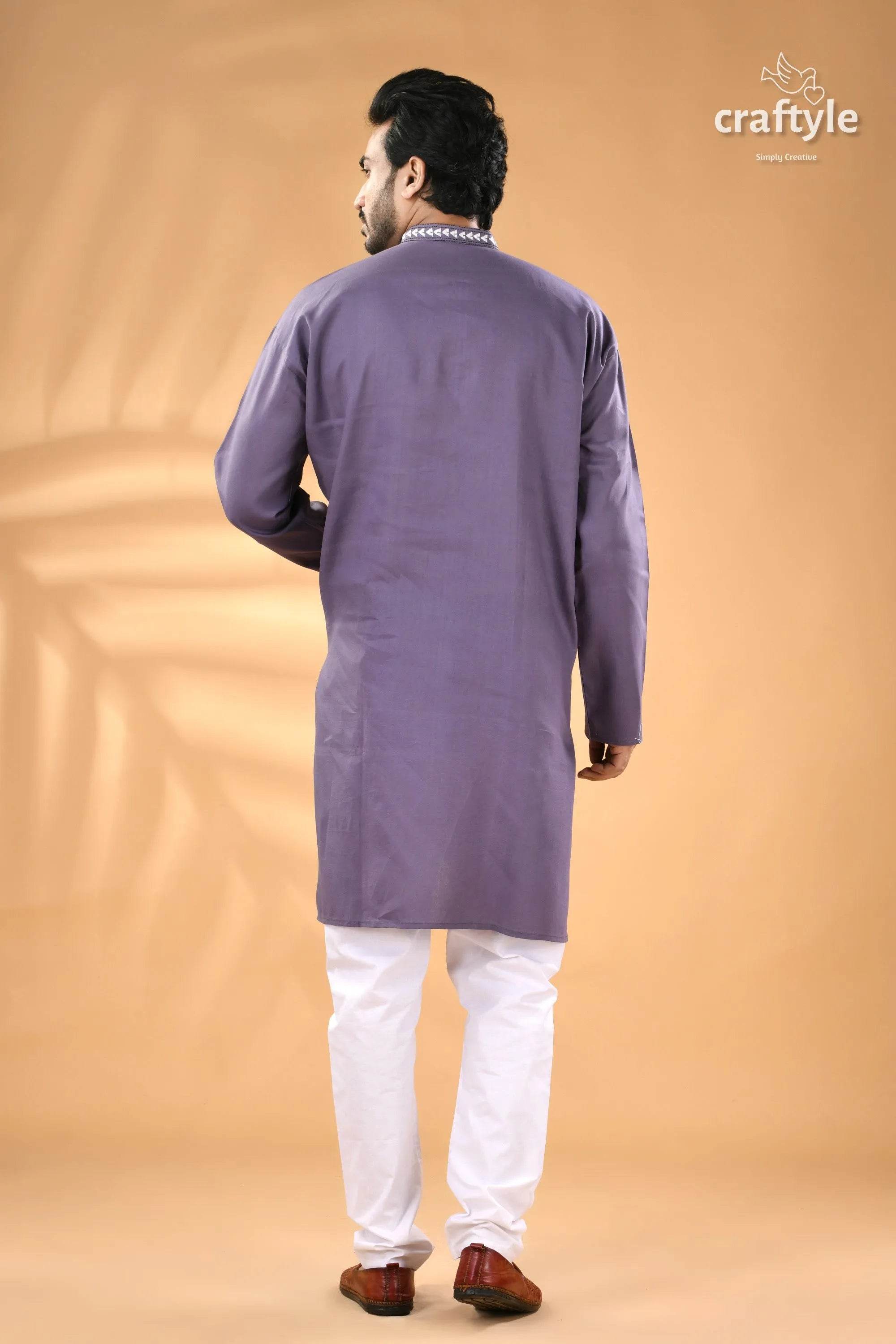 Cool grey kantha embroidery cotton kurta panjabi for men men’s lavender full-sleeve white 6