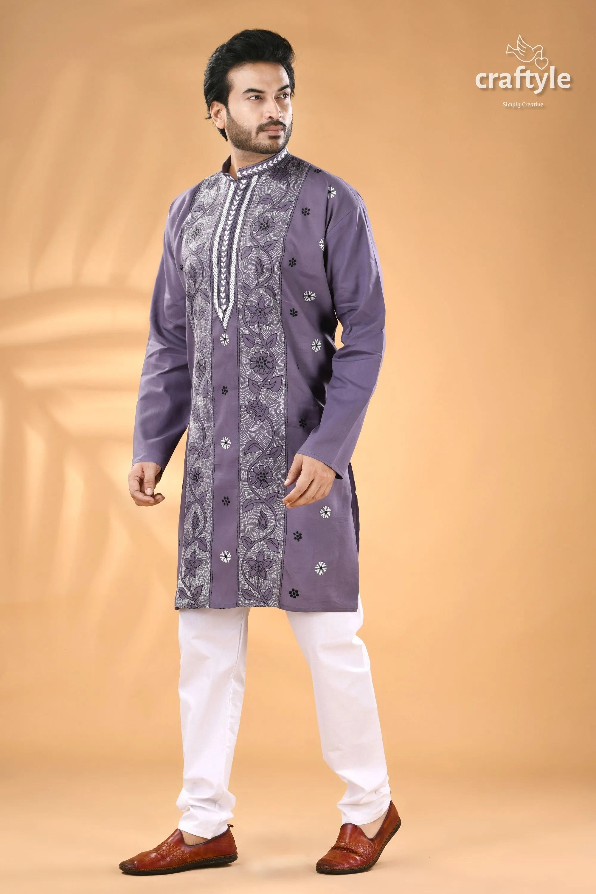 Cool grey kantha embroidery cotton kurta panjabi for men men’s purple embroidered long-sleeved 5