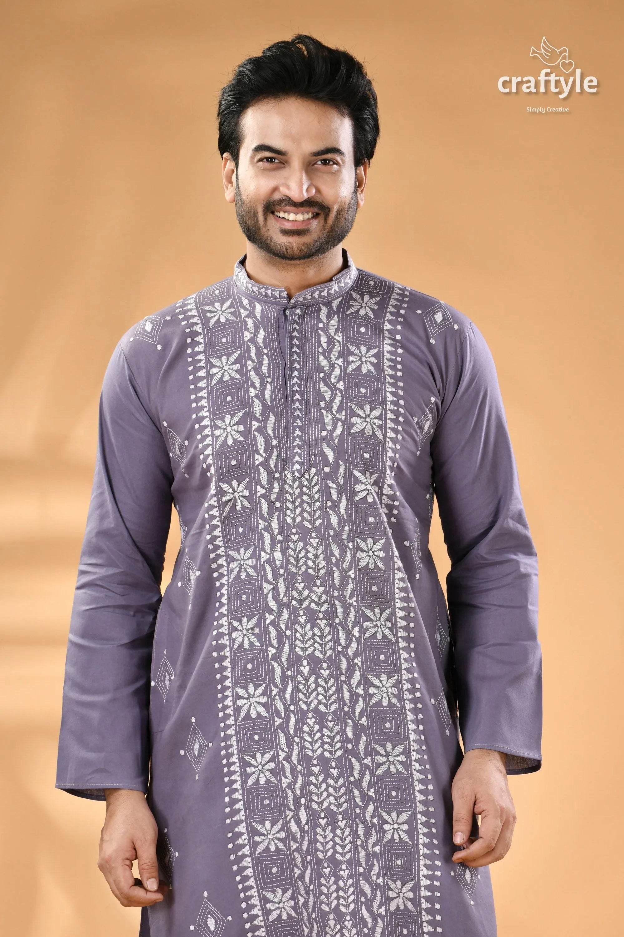 Cool grey kantha work men’s cotton kurta light purple white 6