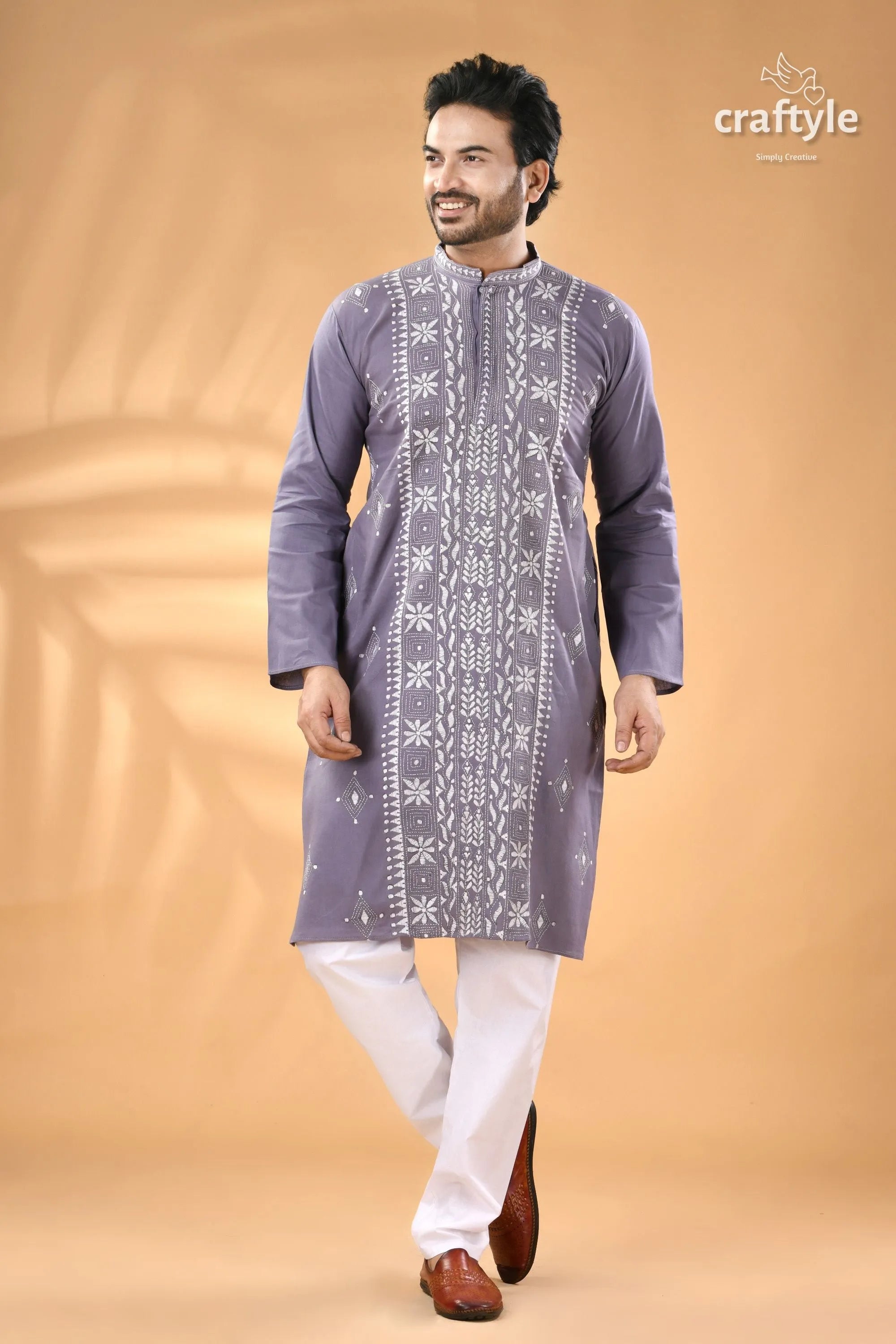 Cool grey kantha work men’s cotton kurta embroidered white 2