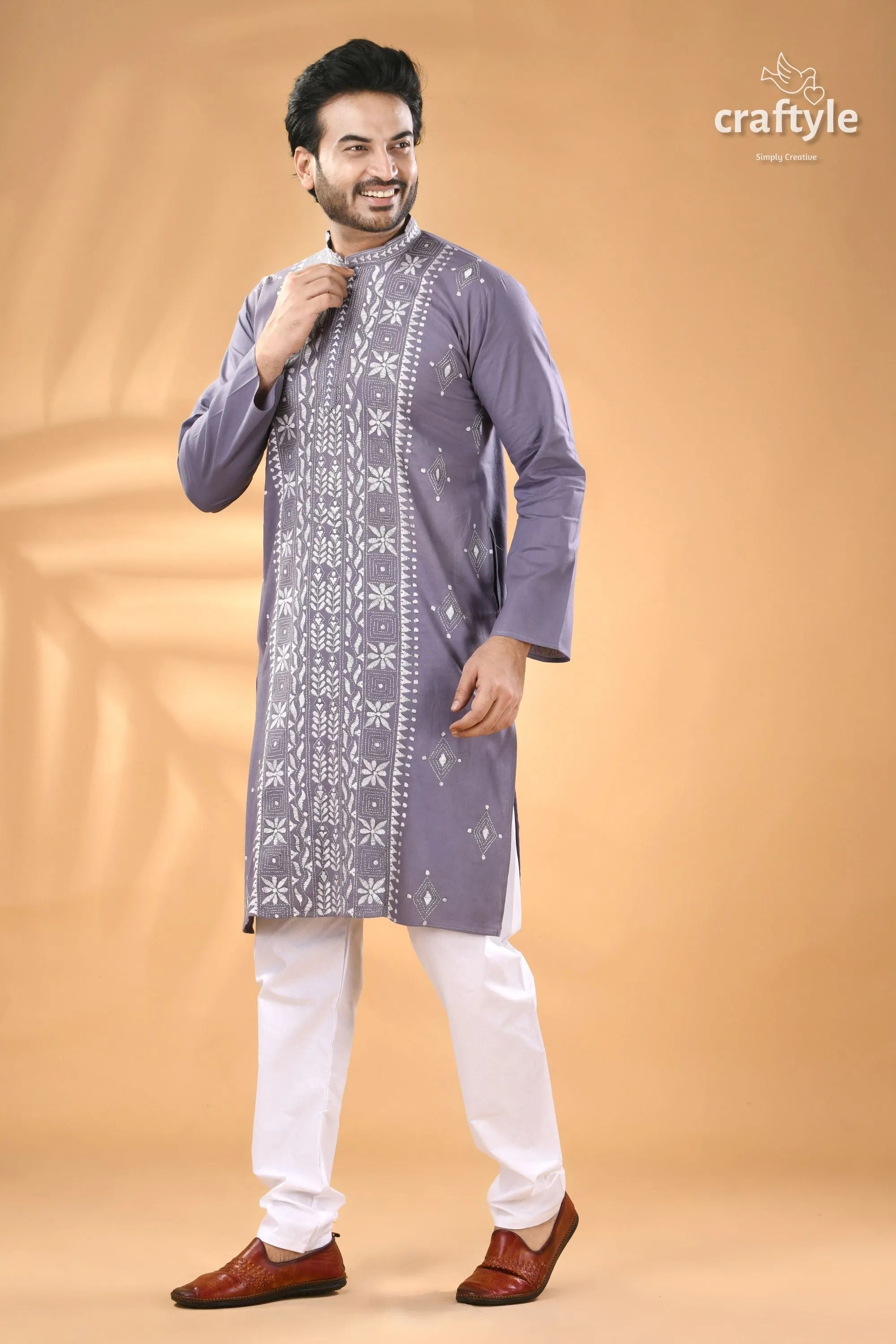 Cool grey kantha work men’s cotton kurta purple embroidered 4