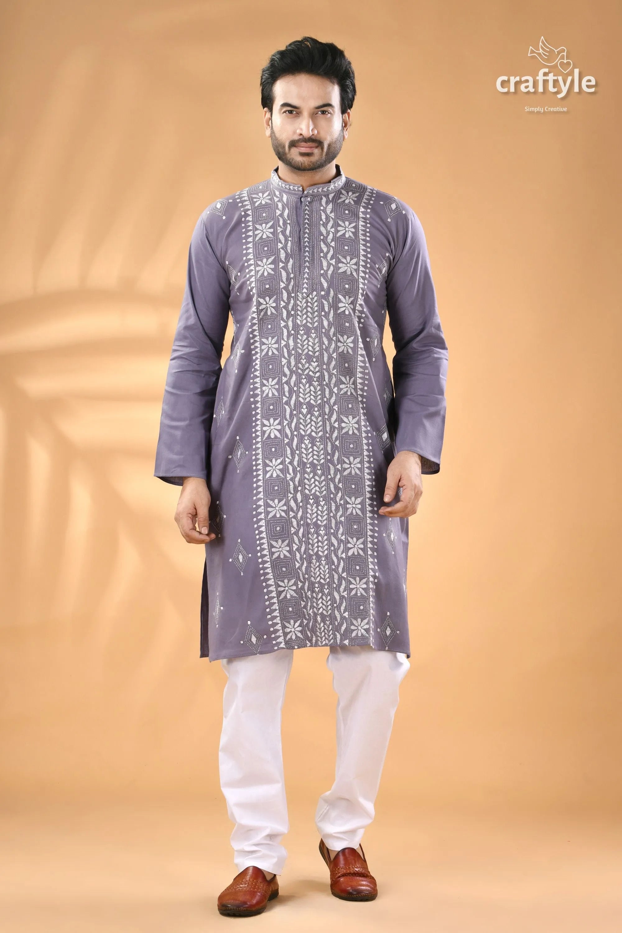 Cool grey kantha work men’s cotton kurta gray embroidered white 1