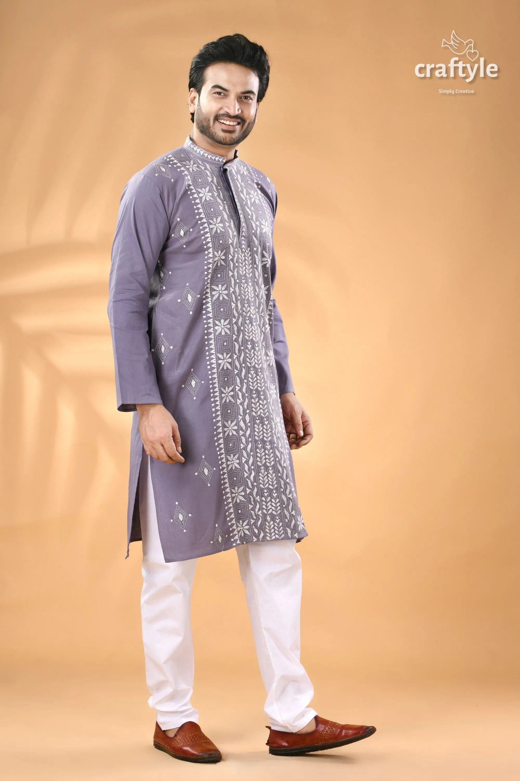 Cool grey kantha work men’s cotton kurta lavender white embroidery 3