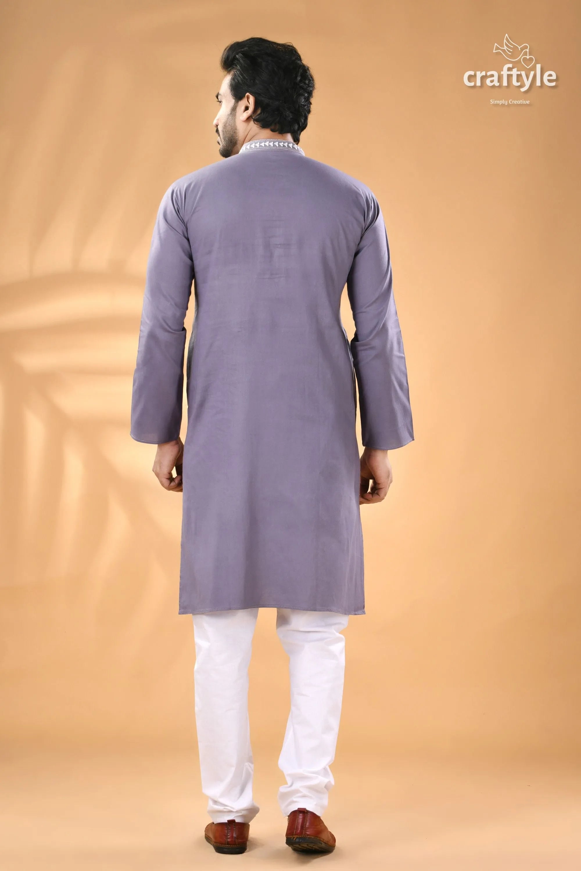 Cool grey kantha work men’s cotton kurta lavender white pajama 5