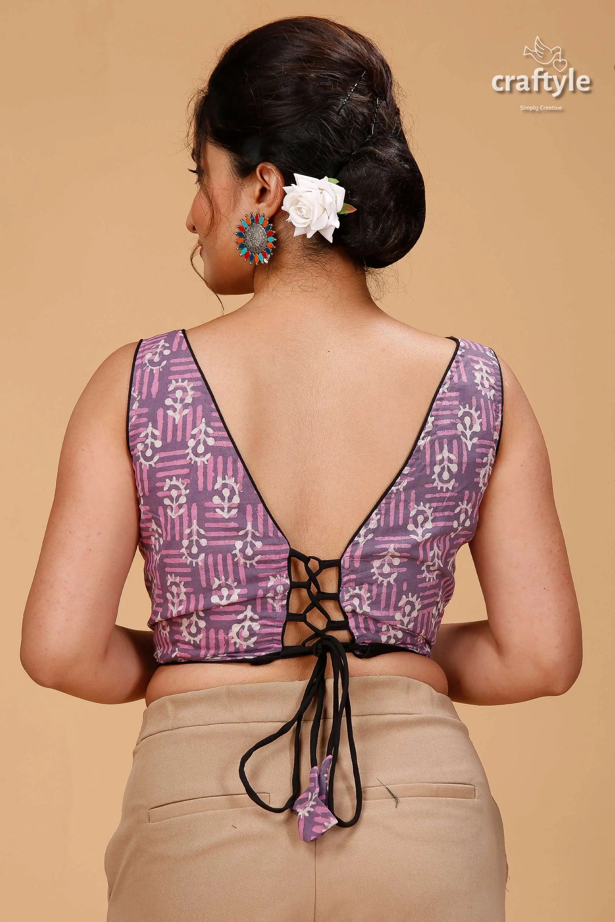 Cool grey & pink dabu print blouse - pure cotton woman’s purple patterned sleeveless deep 2