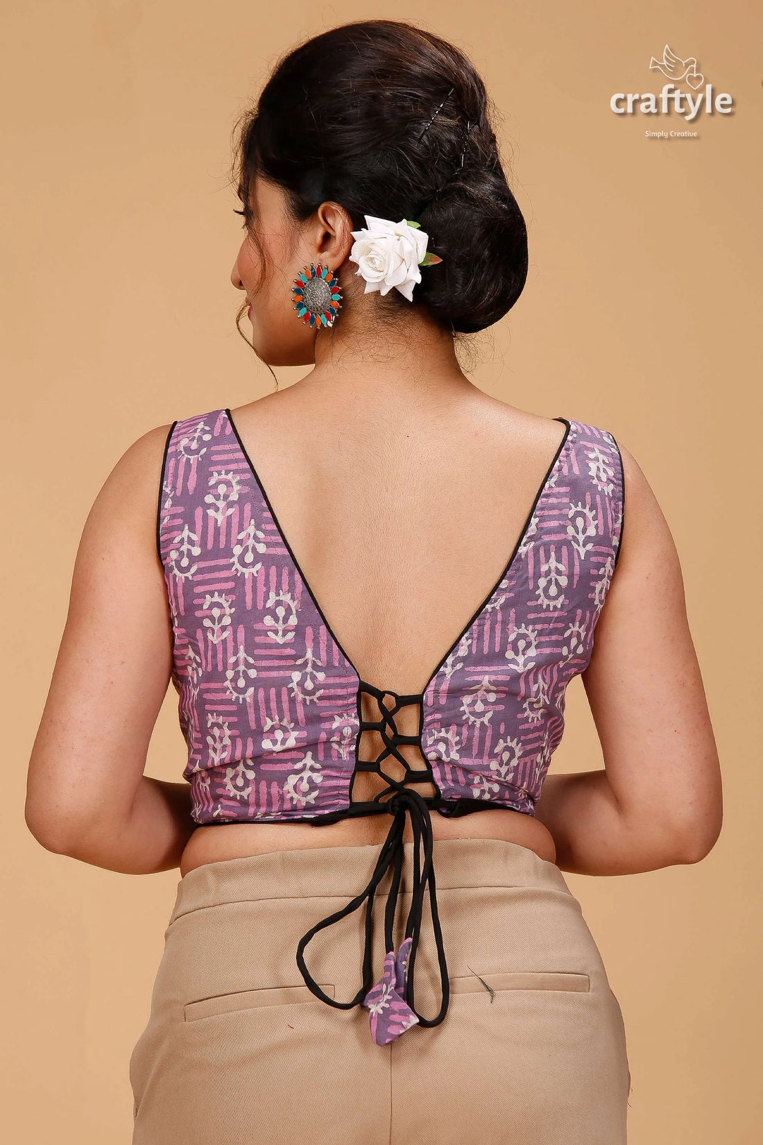 Cool grey & pink dabu print blouse - pure cotton woman’s purple patterned sleeveless deep 2