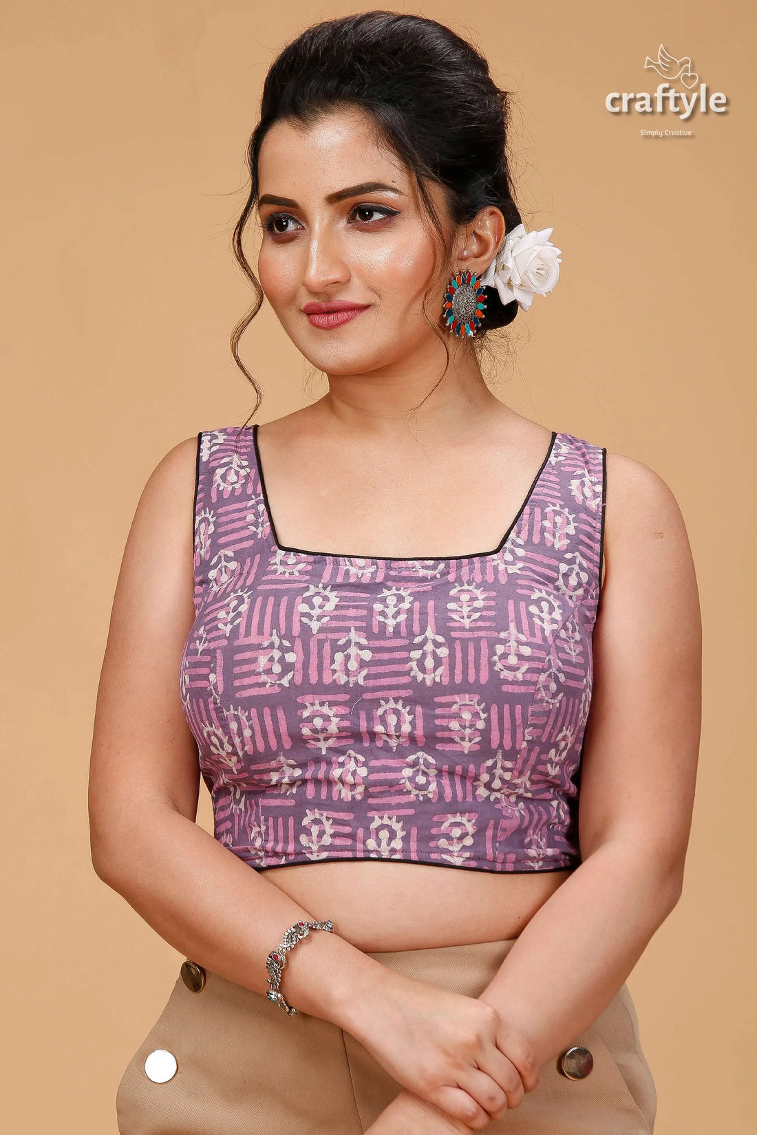 Cool grey & pink dabu print blouse - pure cotton woman purple patterned crop square 1