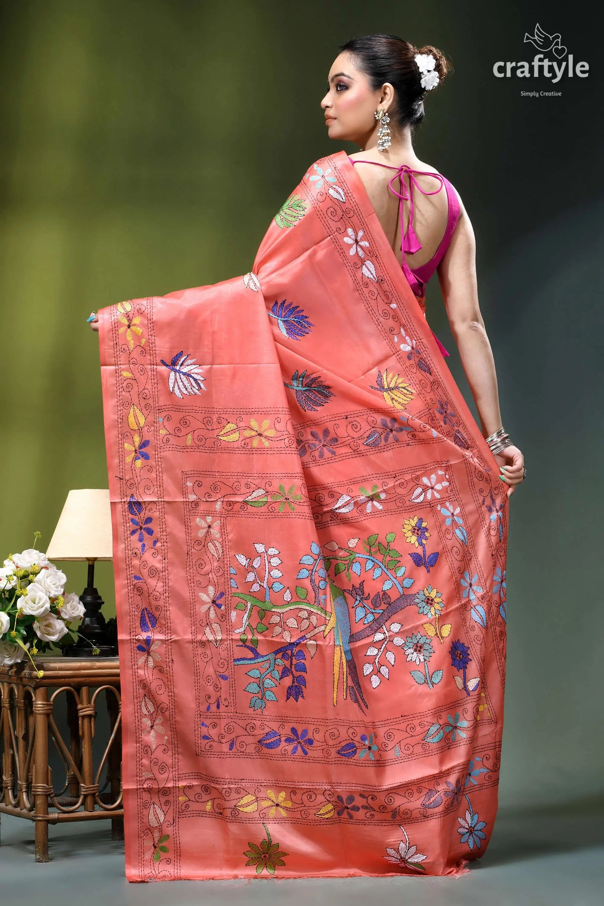 Coral pink bird motif designer silk kantha stitch saree coral-colored silk saree adorned intricate 5