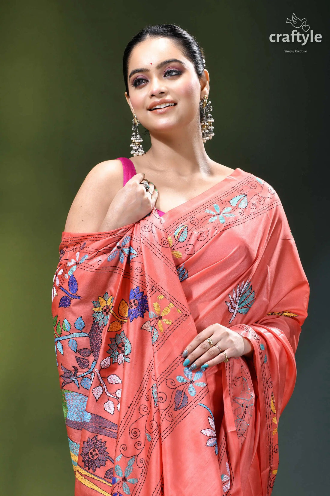 Coral pink bird motif designer silk kantha stitch saree coral-colored saree intricate floral embroidery 2