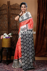 Coral pink hand block mulberry pure silk saree woman peach black patterned saree 2