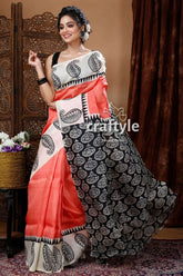 Coral pink hand block mulberry pure silk saree woman peach black patterned saree 4