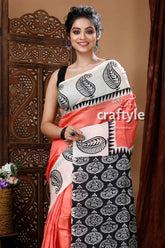 Coral pink hand block mulberry pure silk saree woman patterned saree 3