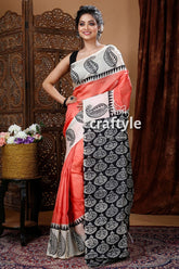 Coral pink hand block mulberry pure silk saree woman peach black patterned saree 1
