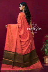 Coral pink semi silk paithani saree for women peach saree brown border 4