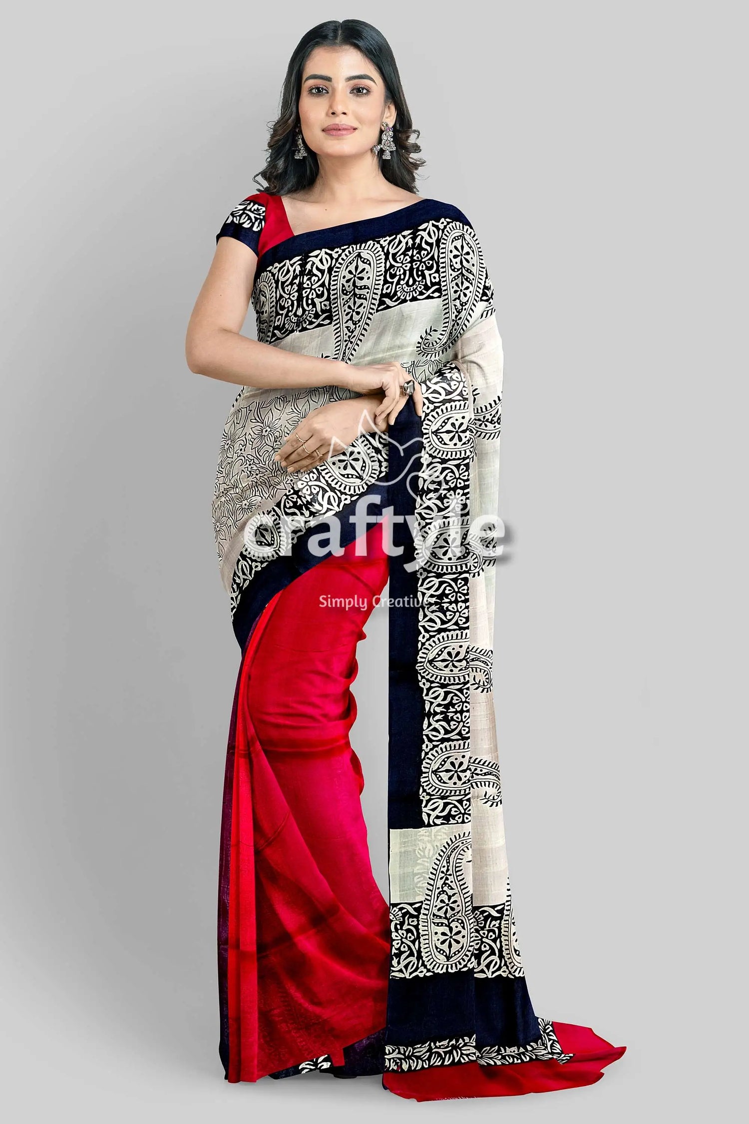 Coral red black hand block print pure mulberry silk saree - indian ethnic wear red white saree dark blue 2