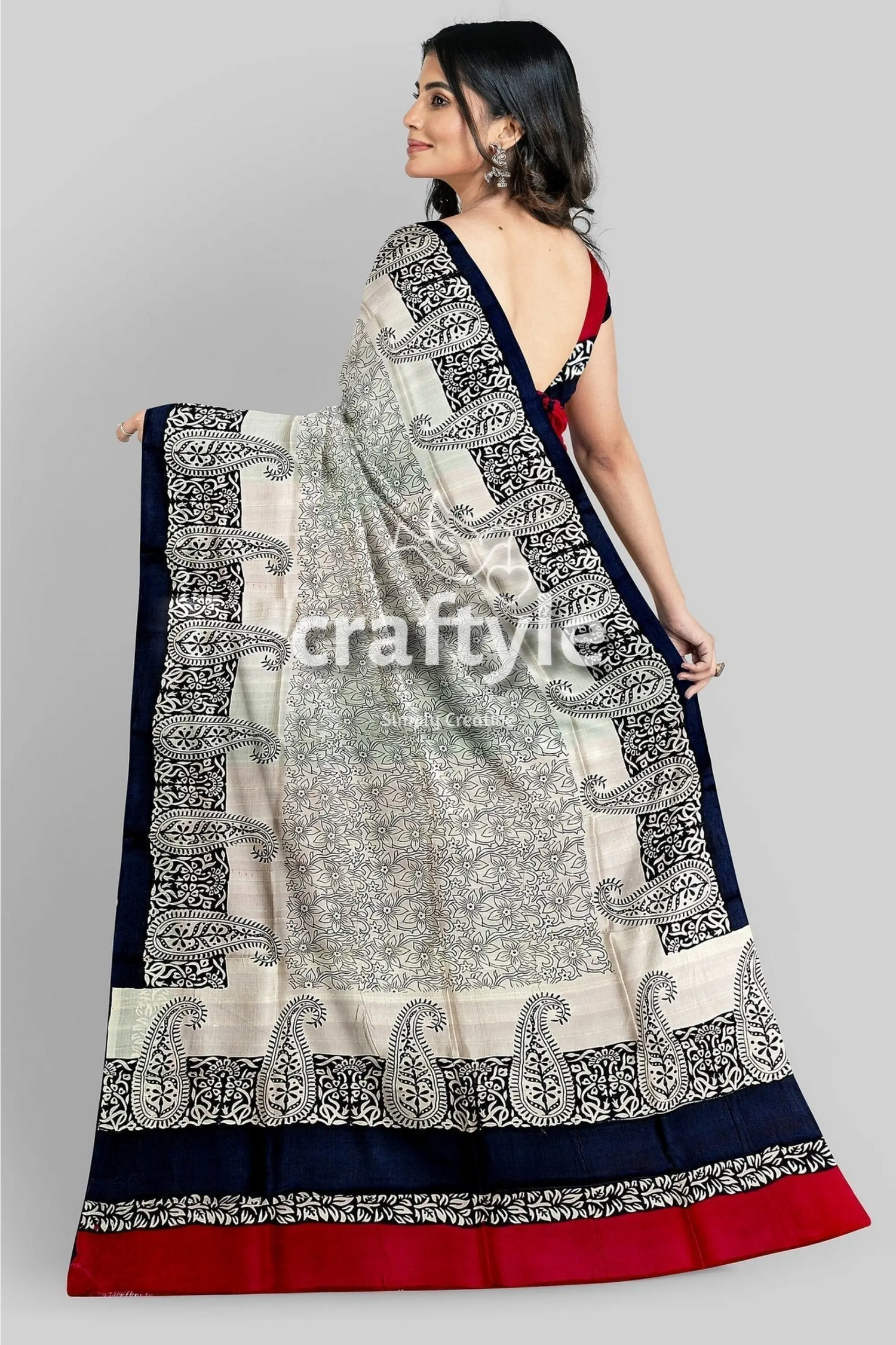 Coral red black hand block print pure mulberry silk saree - indian ethnic wear woman paisley-patterned saree 4