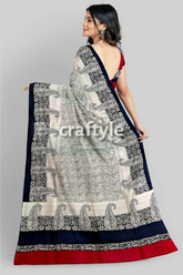 Coral red black hand block print pure mulberry silk saree - indian ethnic wear woman paisley-patterned saree 4