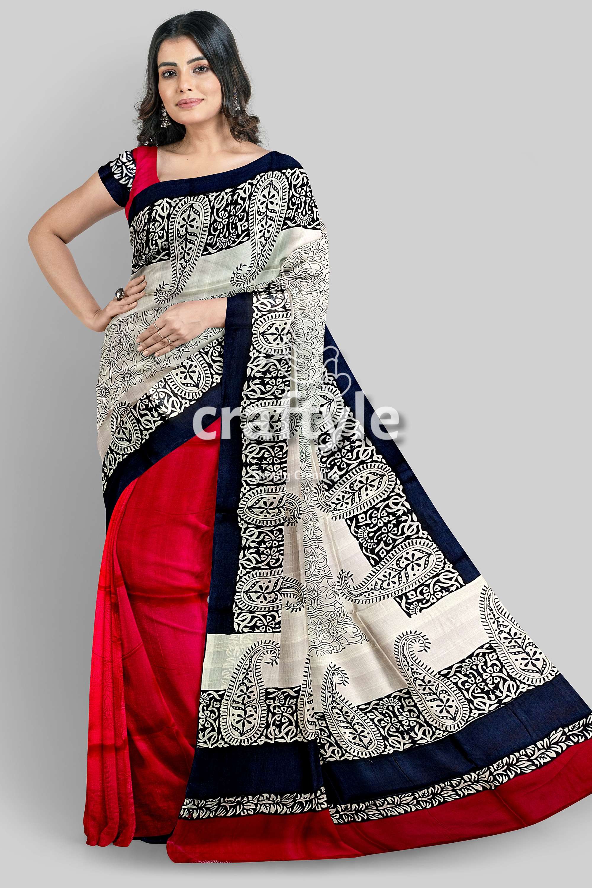 Coral Red Black Hand Block Print Pure Mulberry Silk Saree - Indian Ethnic Wear - Craftyle