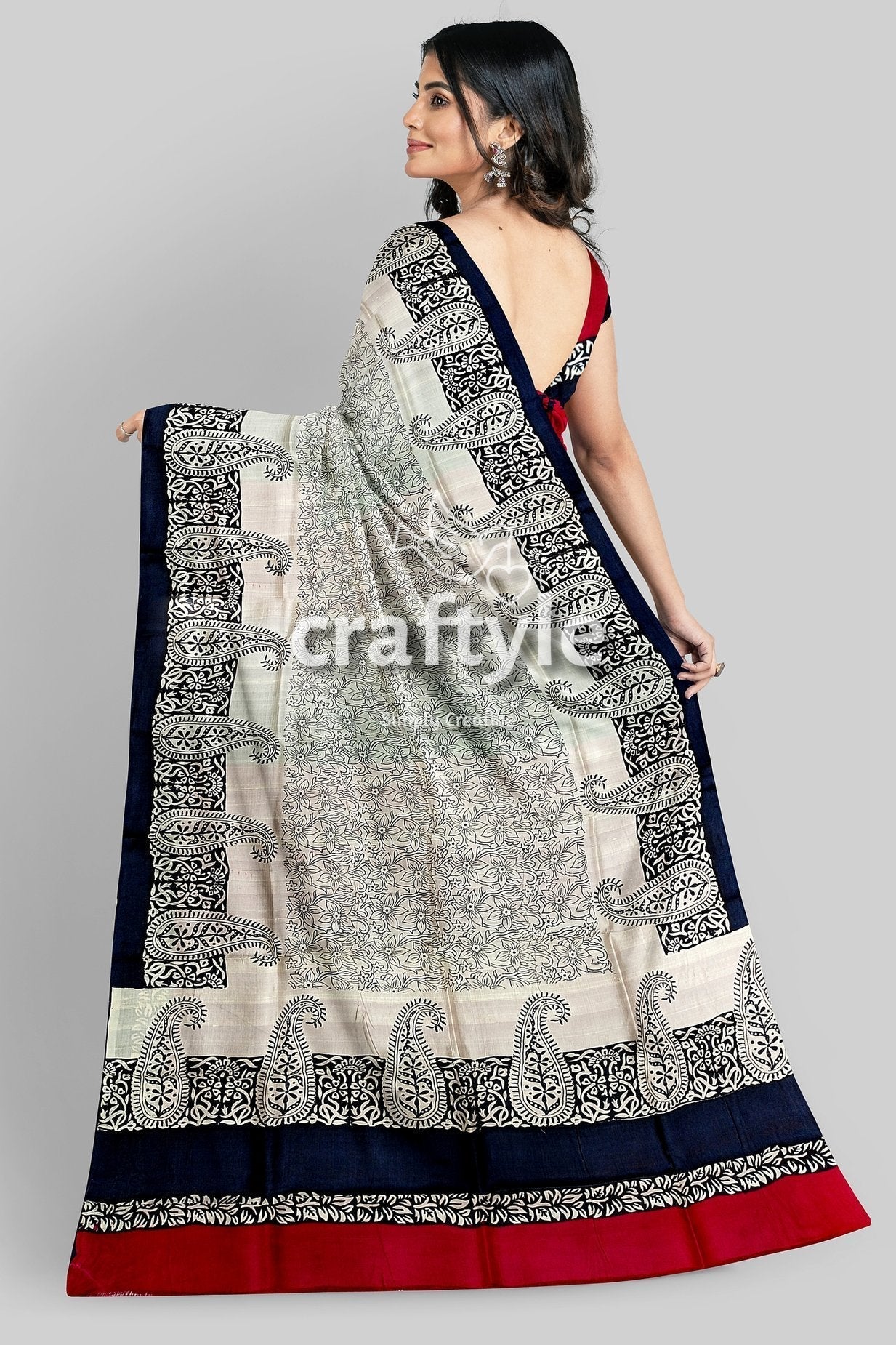 Coral Red Black Hand Block Print Pure Mulberry Silk Saree - Indian Ethnic Wear - Craftyle