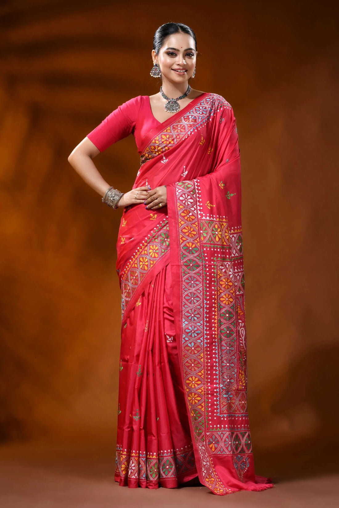 Coral red silk kantha work saree with multicolor paisley ethnic design 1