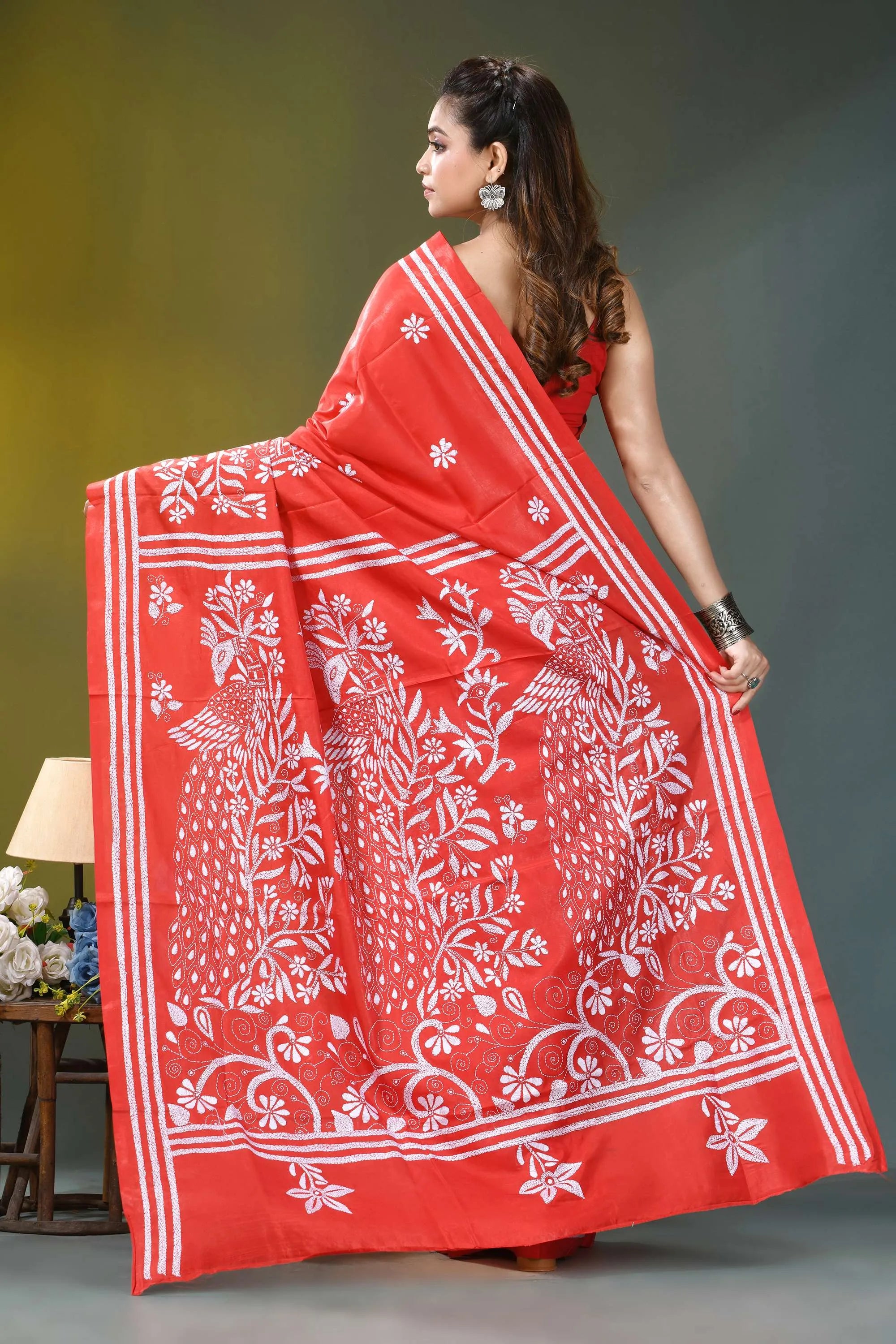 Coral red white thread peacock motif silk kantha saree vibrant red saree intricate white 5