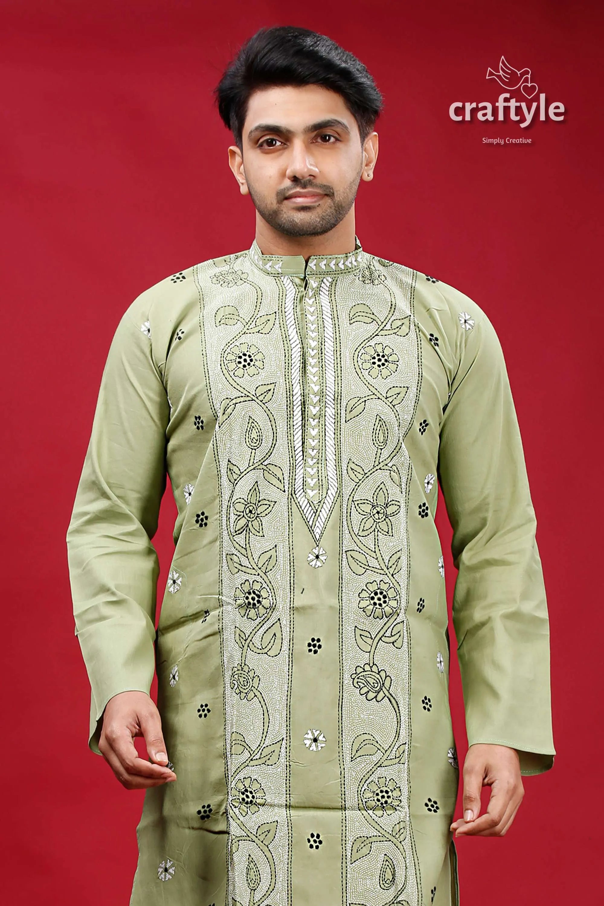 Coriander green kantha work cotton mens kurta panjabi man sage traditional 2