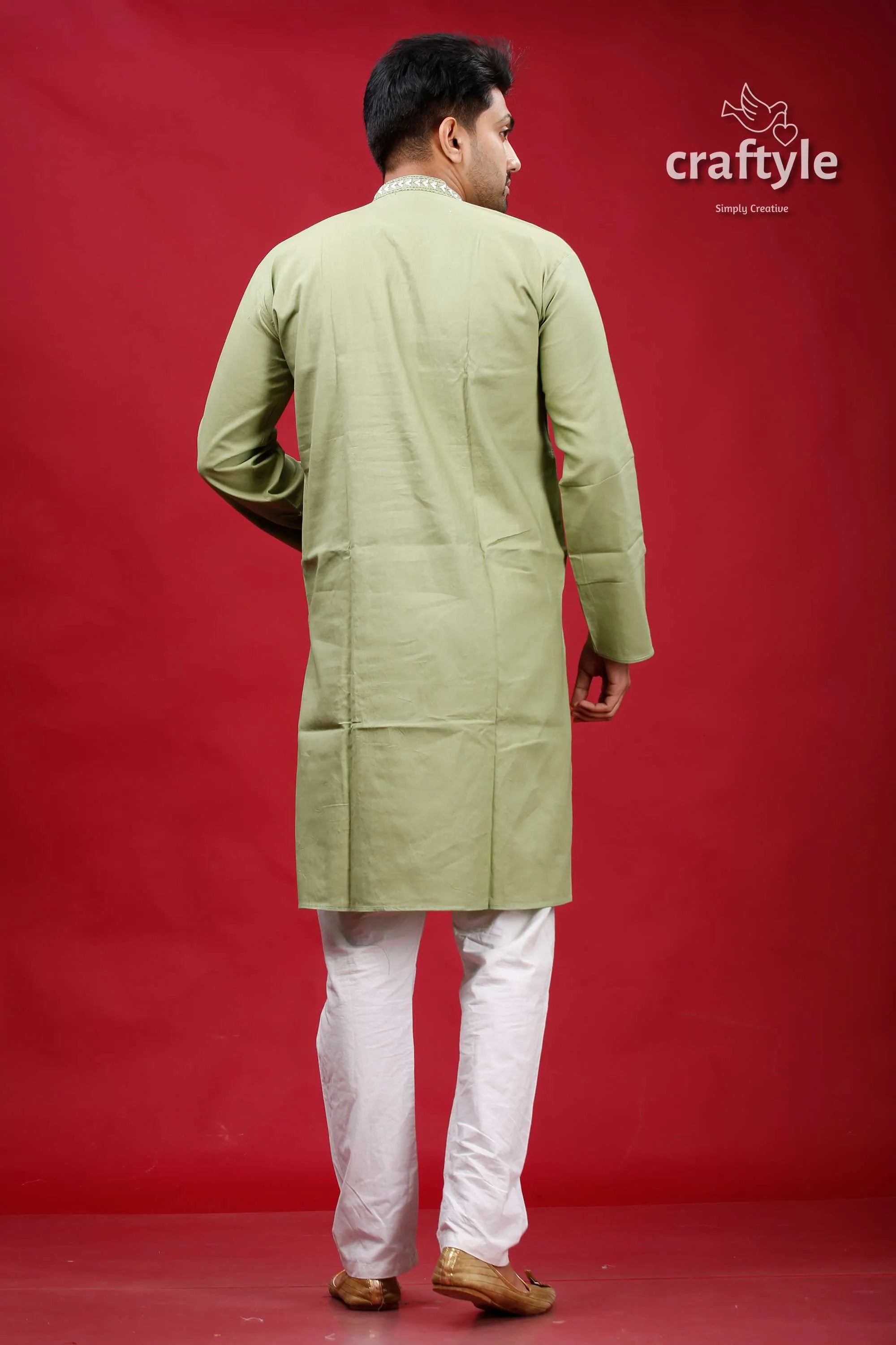 Coriander green kantha work cotton mens kurta panjabi man sage long-sleeved traditional 5