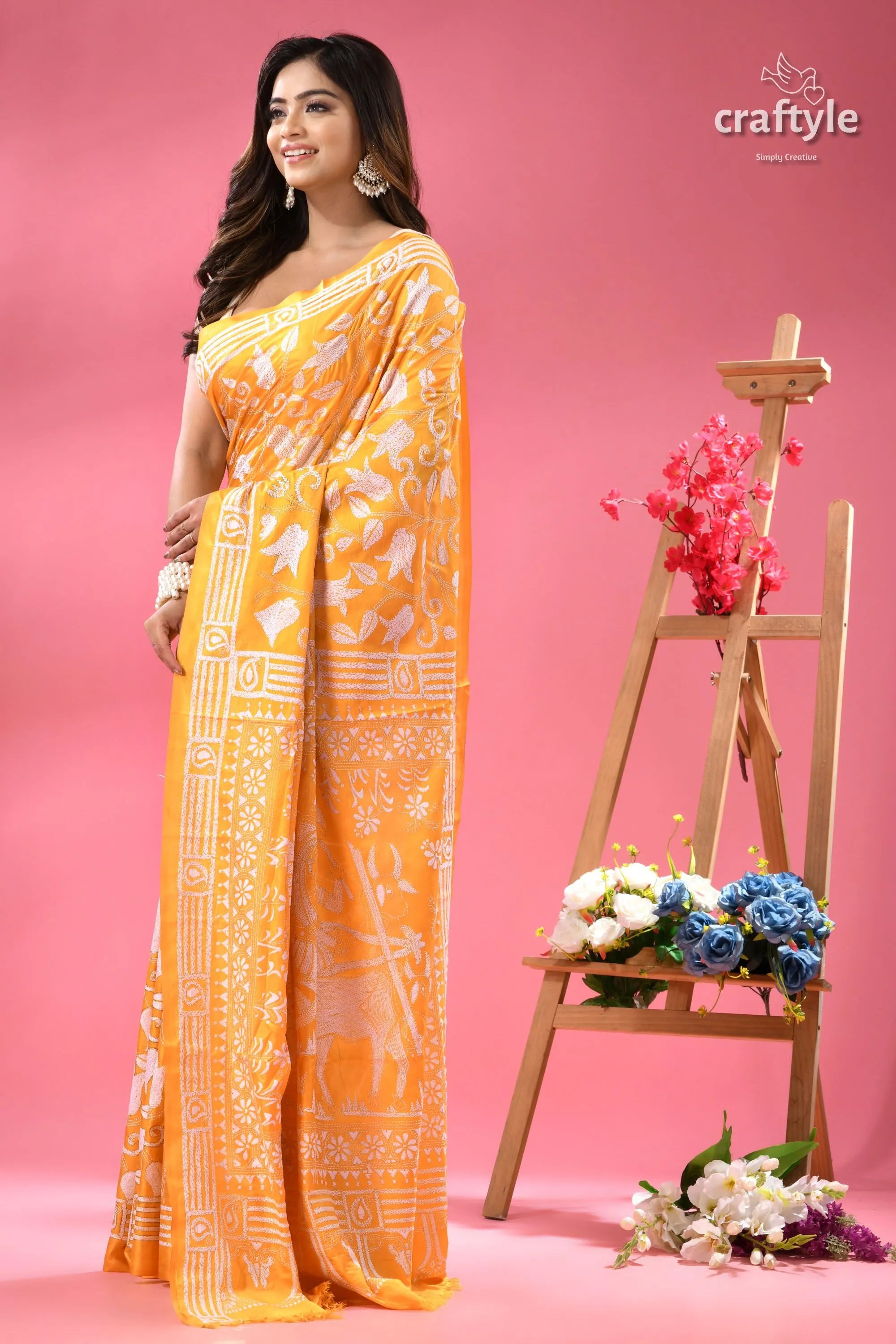 Corn yellow artisanal silk kantha saree - bullock cart design yellow silk saree white floral 3