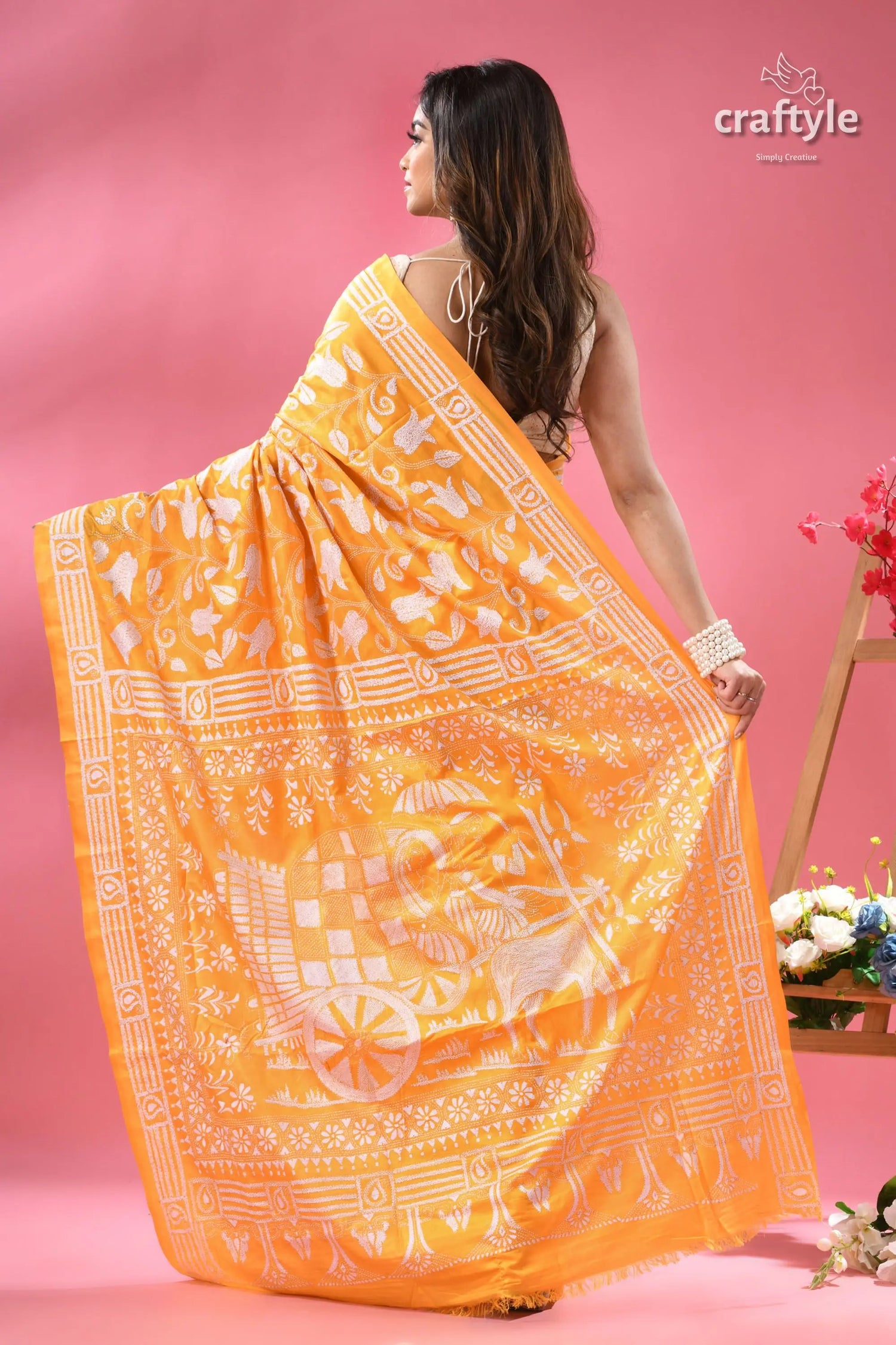 Corn yellow artisanal silk kantha saree bullock cart design woman bright orange sari white 4